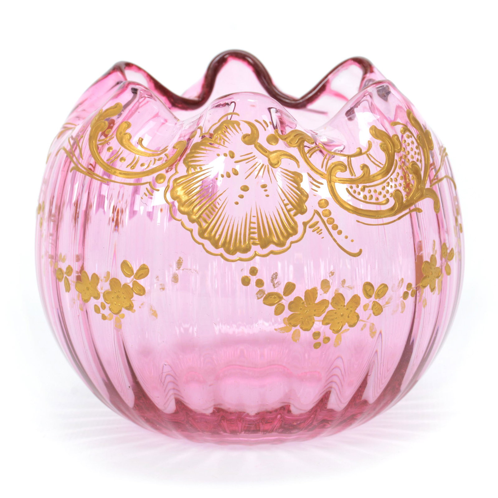 Rose Bowl, Cranberry Bohemian Art Glass: Rose Bowl, Cranberry Bohemian Art Glass, 4" x 4.5", Ribbed, Gold Enamel Floral, Shell And Scroll Design, Polished Pontil Base, Don Henson Estate, Michigan. This auction begins the dispersal of a colle
