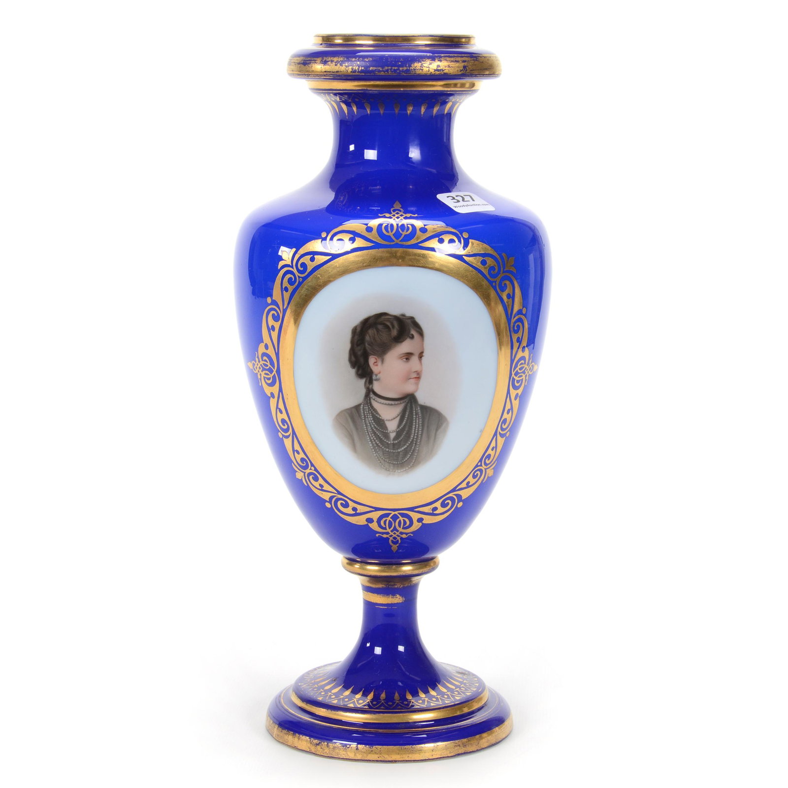 Pedestal Vase, Opaline Bohemian Art Glass: Pedestal Vase, Opaline Bohemian Art Glass, 12.25" x 5.25", Blue Exterior With Medallion Portrait Of Young Woman Wearing Beaded Necklace, Gold Stencil Highlights, Don Henson Estate, Michigan. This auct