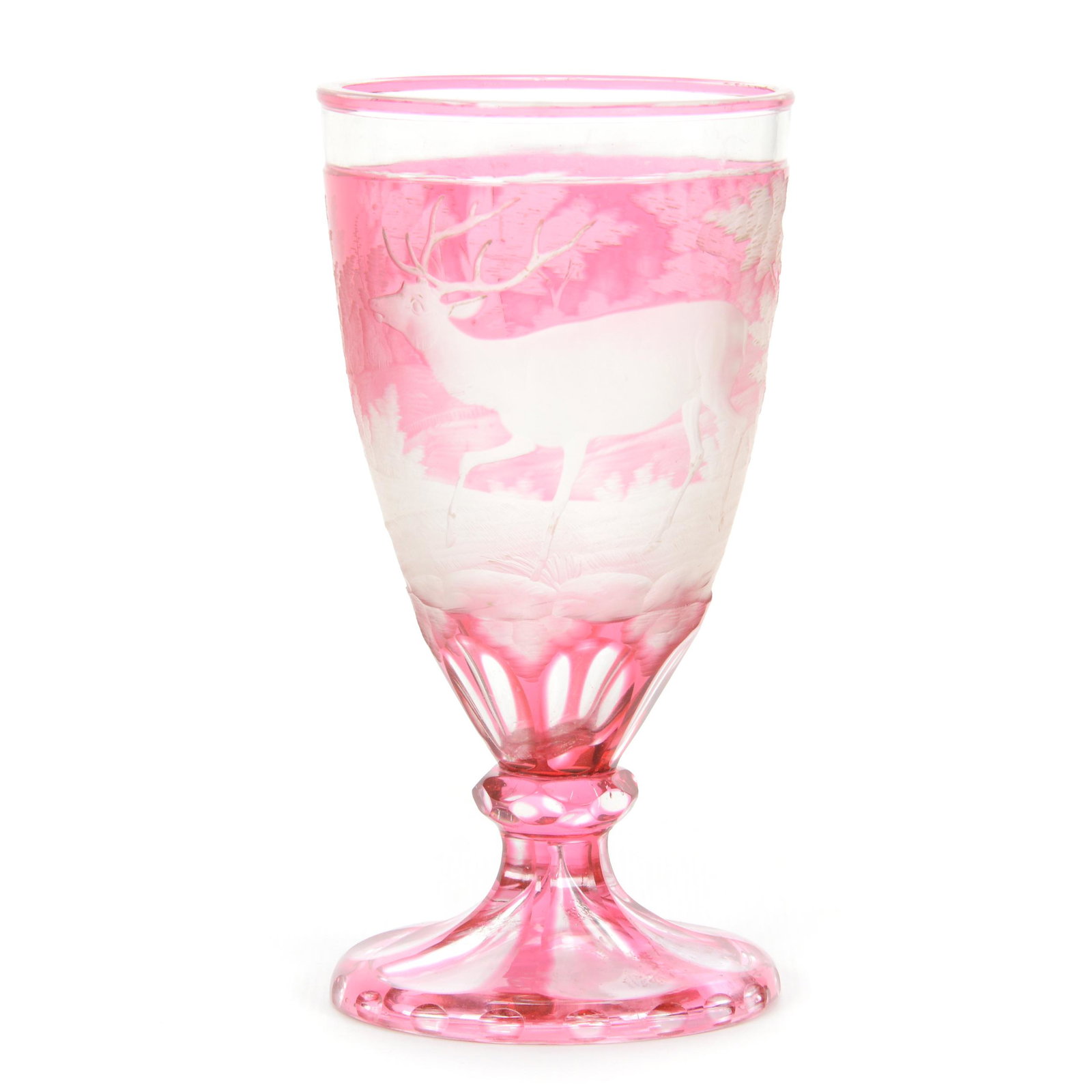 Goblet, Bohemian Cranberry Overlay: Goblet, Bohemian Cranberry Overlay, 5.5" x 2.75", Engraved Stag And Forest Scenic Decor, Nice Quality, Don Henson Estate, Michigan. This auction begins the dispersal of a collection of over 1,800 item