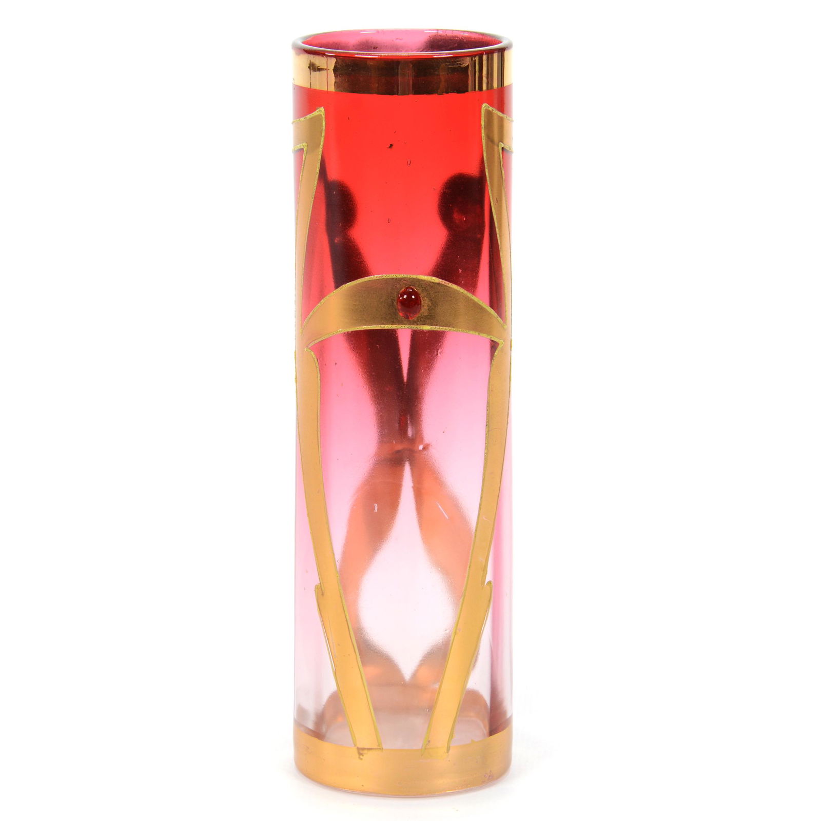 Cylinder Vase, Rubina Bohemian Art Glass: Cylinder Vase, Rubina Bohemian Art Glass, 7.25" x 2", Art Nouveau Style Design With Four Applied Red Jewels, Don Henson Estate, Michigan. This auction begins the dispersal of a collection of over 1,80