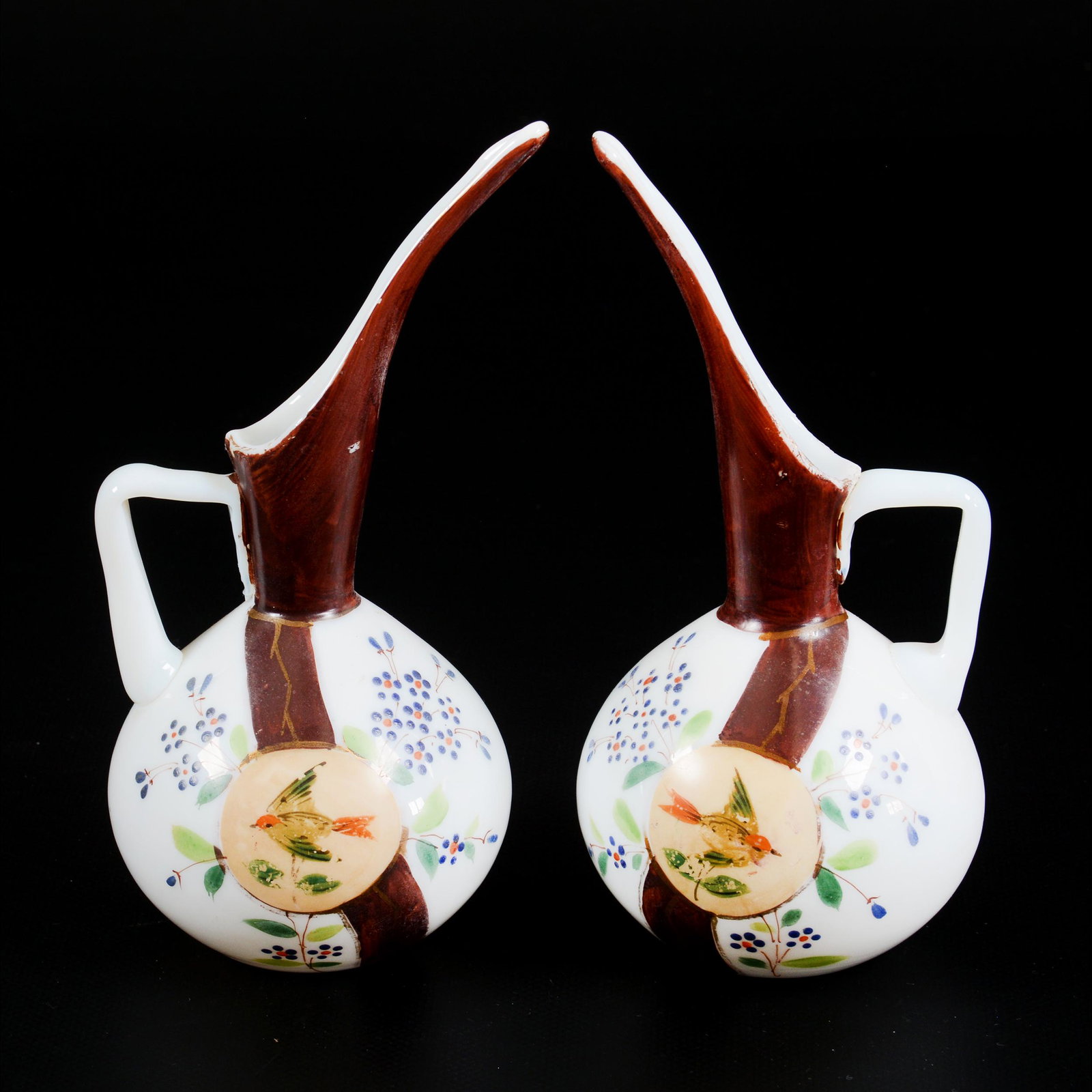 Pair Ewers, Opaline Bohemian Art Glass: Pair Ewers, Opaline Bohemian Art Glass, 7.5" x 3.5", Medallion Scenic Decor Of Bird, Unusual Long Spout, Mirror Image, Don Henson Estate, Michigan. This auction begins the dispersal of a collection of