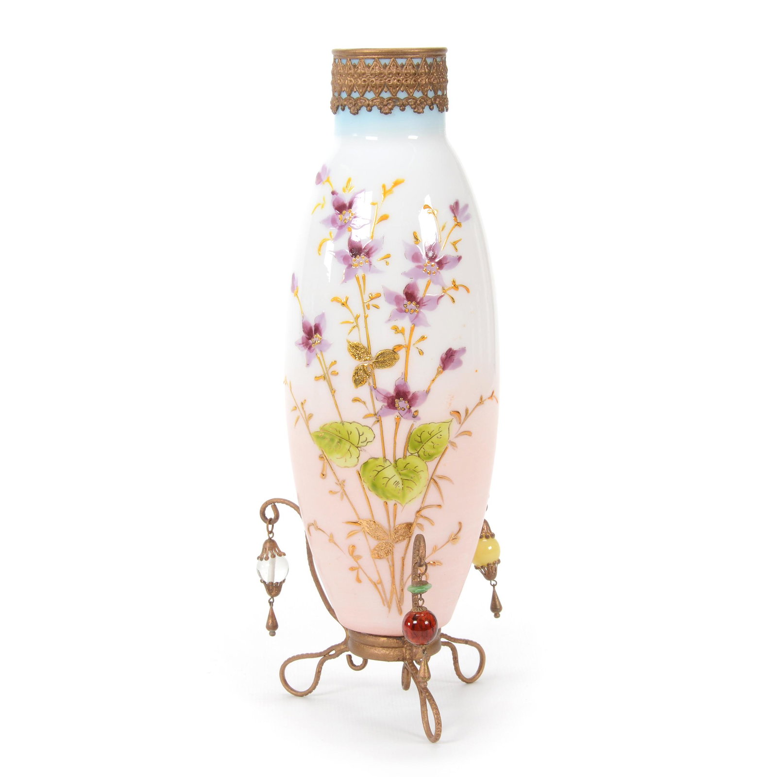 Vase, White Opaline, Blue And Pink Tones: Vase, White Opaline, Blue And Pink Tones, 10.25" x 4", Lavender Floral Decor, Gilt Metal Base Holding Glass Beads, Don Henson Estate, Michigan. This auction begins the dispersal of a collection of ove