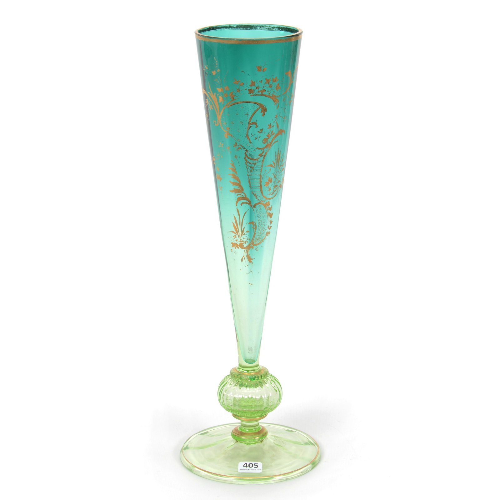 Trumpet Vase, Deep Emerald Green To Vaseline: Trumpet Vase, Deep Emerald Green To Vaseline, 16" x 5.25", Gold Stencil Highlights, Nice Color, Don Henson Estate, Michigan. This auction begins the dispersal of a collection of over 1,800 items selli