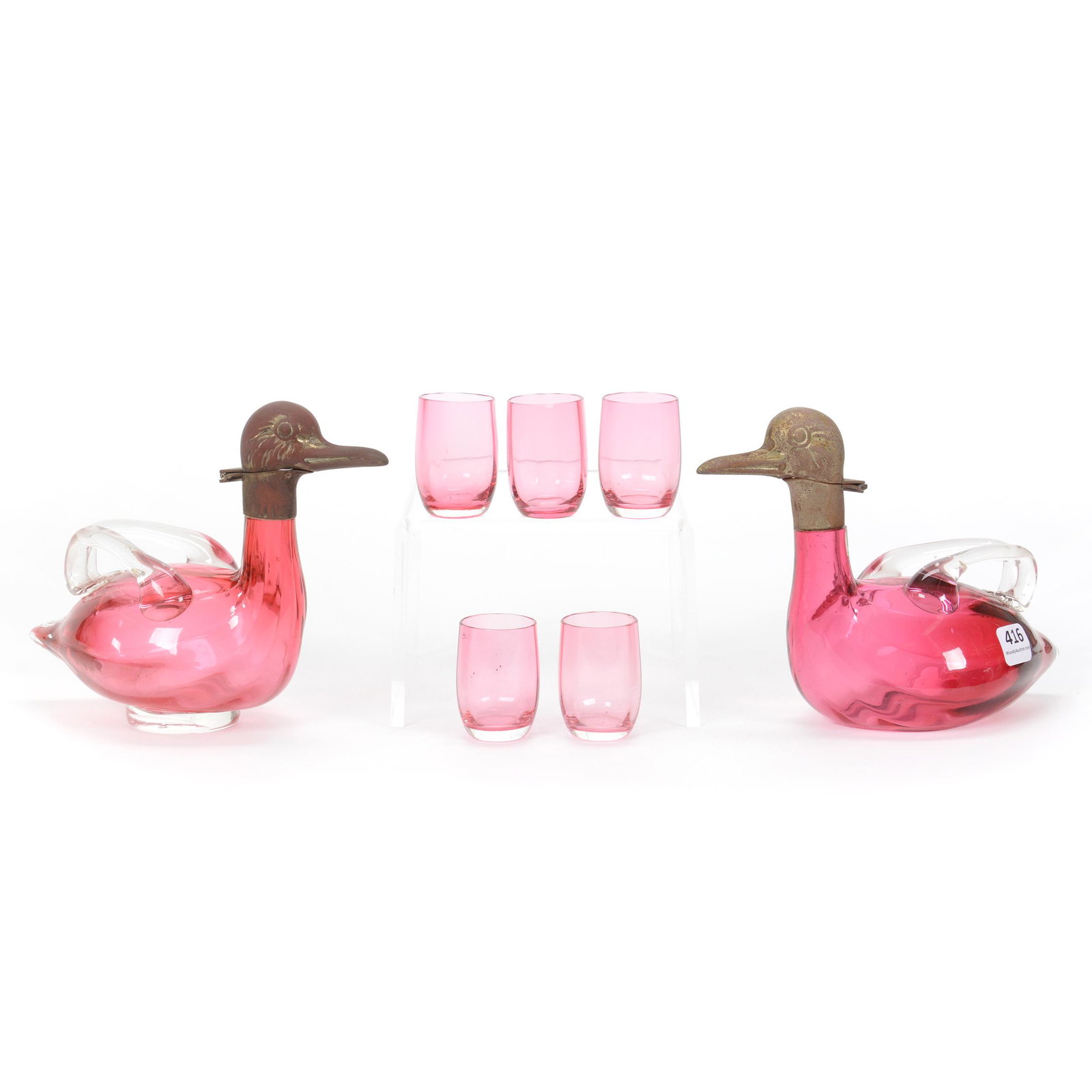 Decanter Set, Cased Cranberry Art Glass Ducks Decanters (1 of 4)