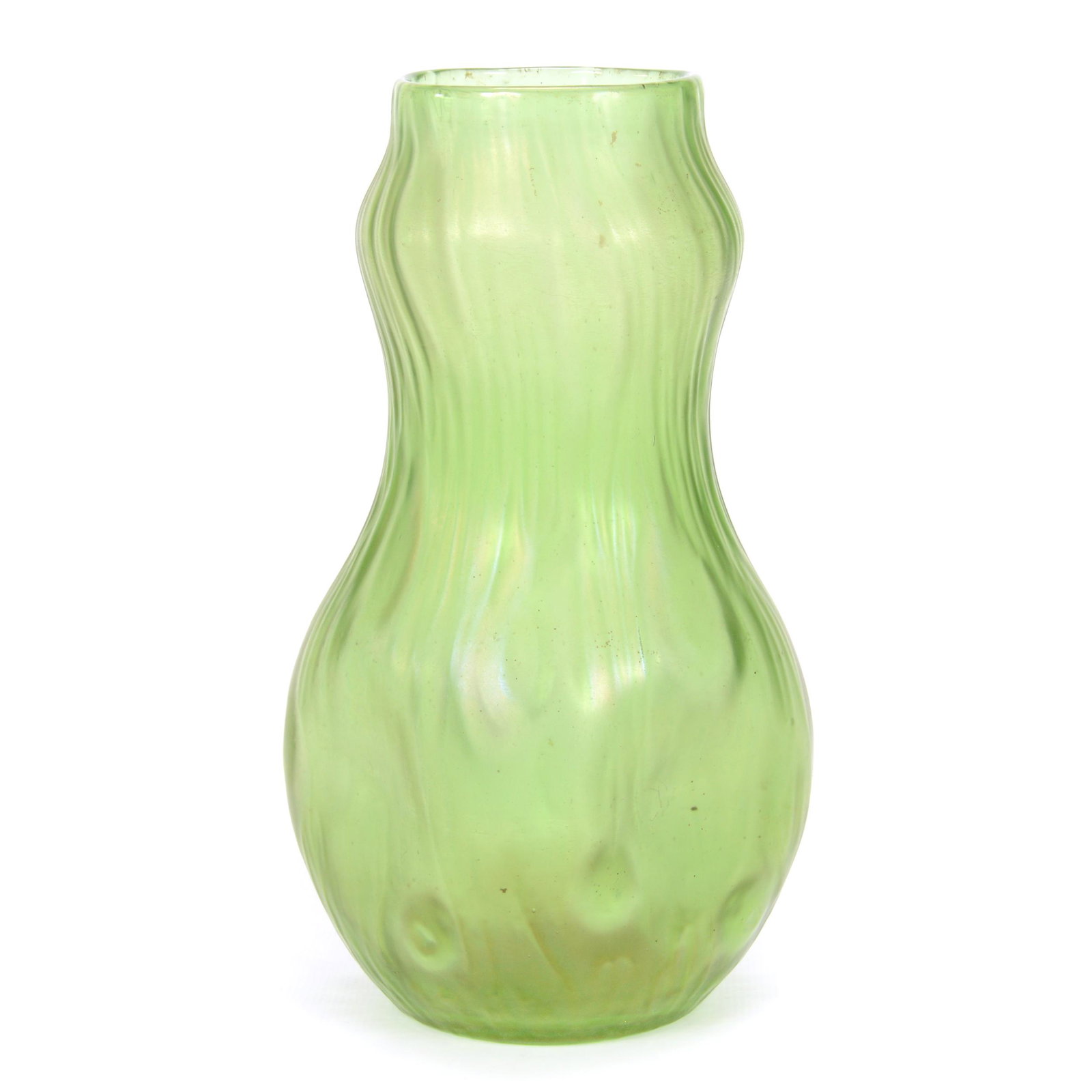 Vase, Green Iridescent Art Glass By Loetz: Vase, Green Iridescent Art Glass By Loetz, 7.75" x 4.25", Rusticana Pattern, Don Henson Estate, Michigan. This auction begins the dispersal of a collection of over 1,800 items selling over a total of 