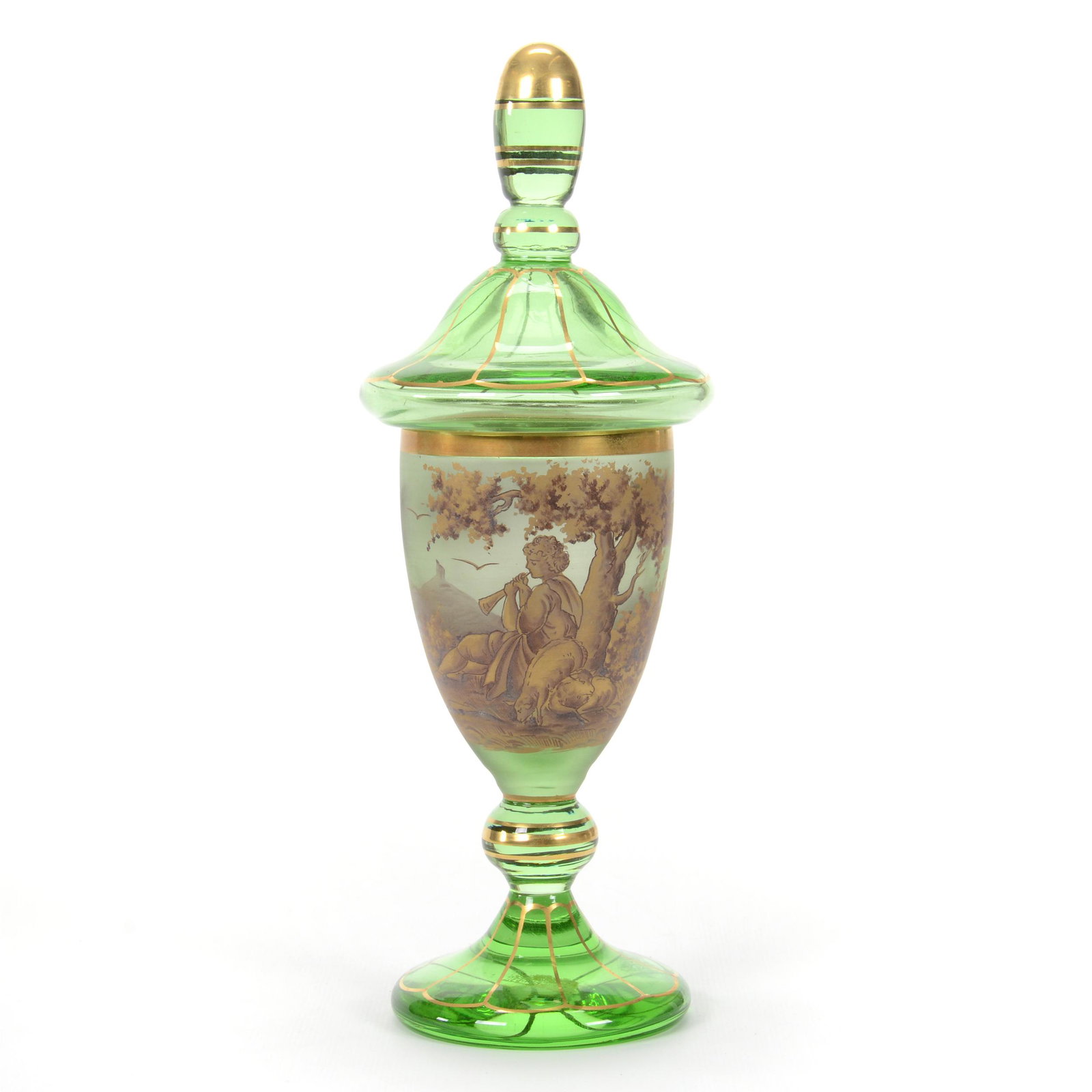 Covered Jar, Pedestal, Green Bohemian Art Glass (1 of 4)