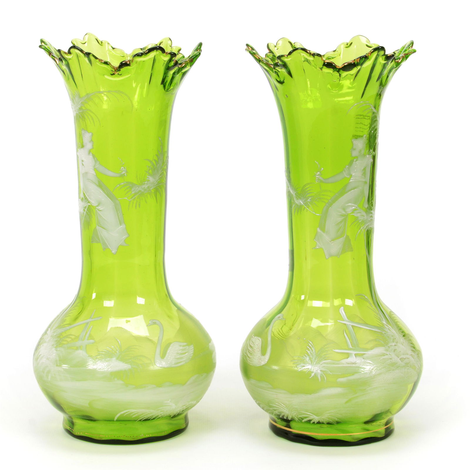 Pair Vases, Green Art Glass, Mary Gregory Style (1 of 3)