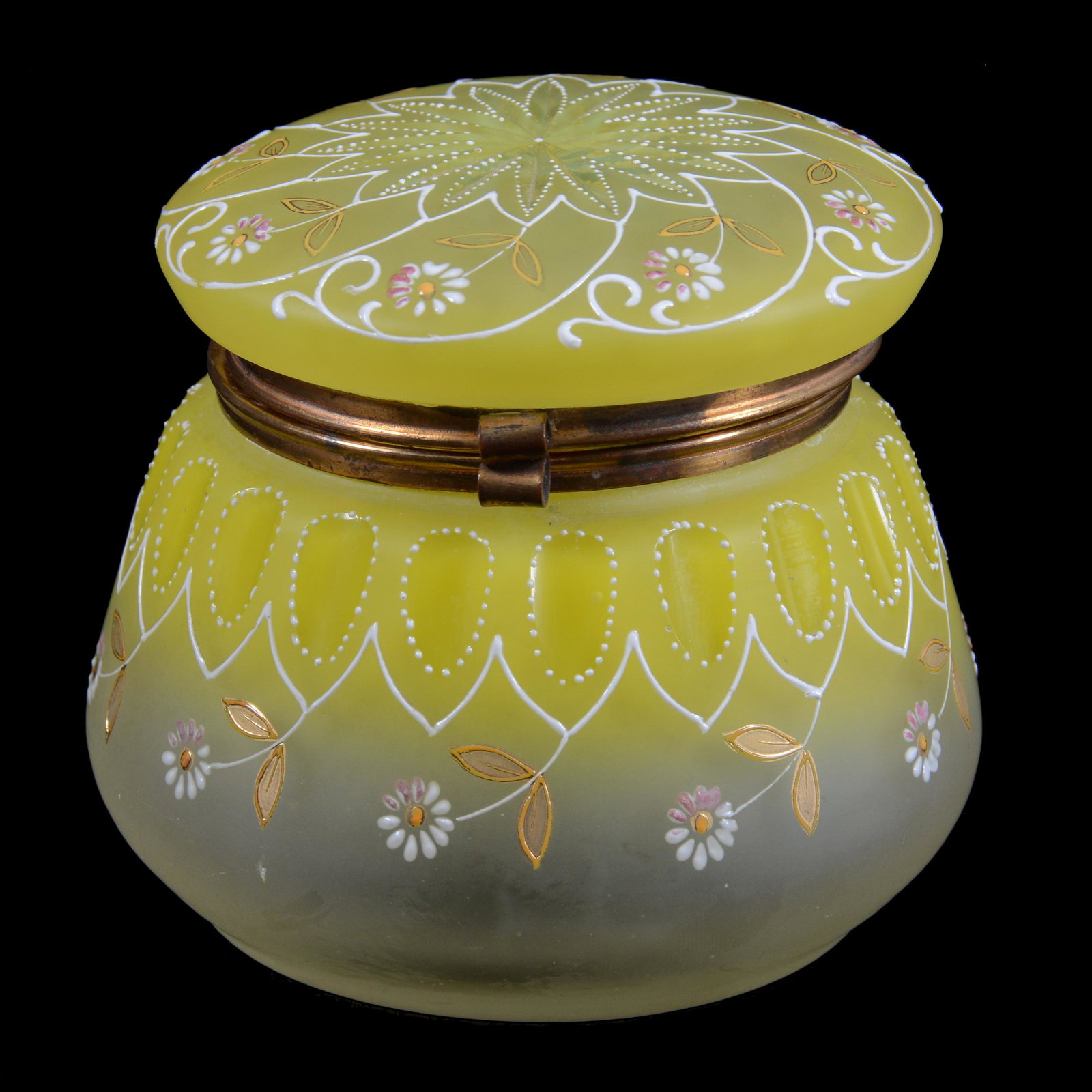 Jewel Box, Yellow Shading To Clear Frosted Art Glass: Jewel Box, Yellow Shading To Clear Frosted Art Glass, 3.5" x 3.75", Cut Miters With Enamel Daisy Decor, Don Henson Estate, Michigan. This auction begins the dispersal of a collection of over 1,800 ite