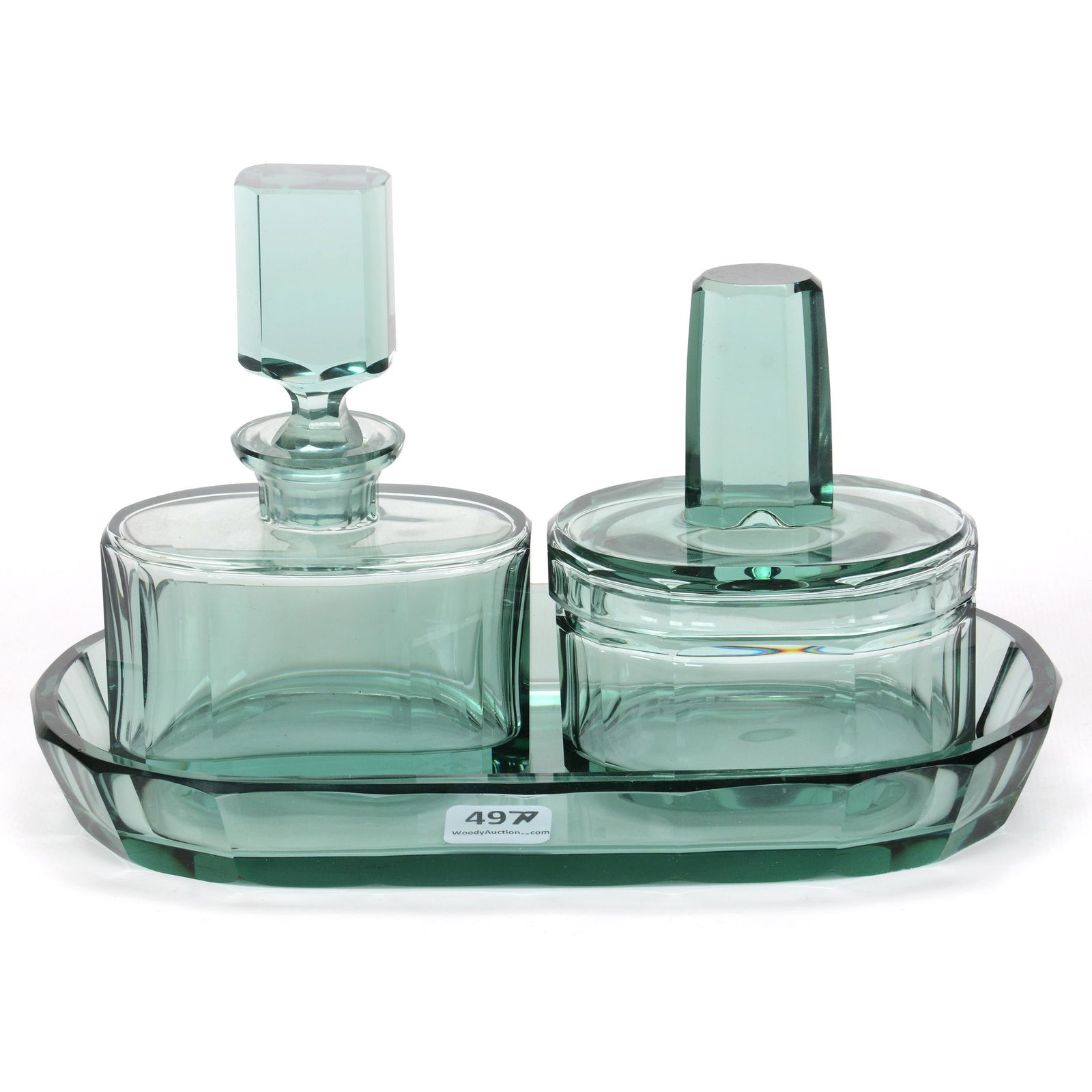 Dresser Set, Solid Aqua Bohemian Art Glass (1 of 3)