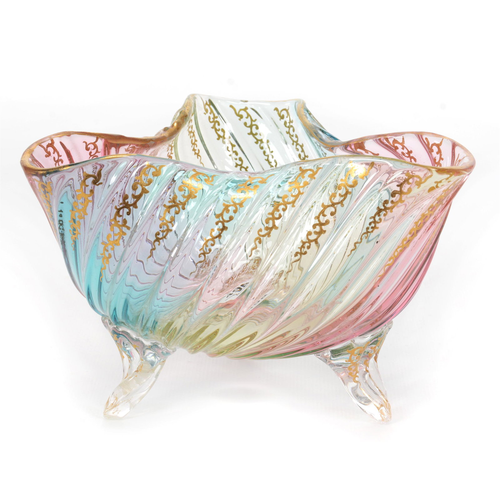 Bowl, Rainbowl Art Glass, Swirl Mold: Bowl, Ransbowl Art Glass, Swirl Mold, 4.25" x 6.5", Gold Stencil Highlights, Three Footed, Nice Quality, Leg Repaired, Don Henson Estate, Michigan. This auction begins the dispersal of a collection of