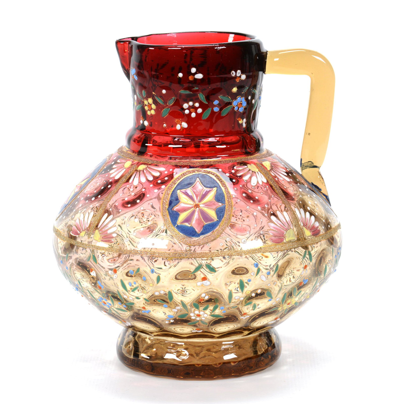 Pitcher, Amberina Coinspot Art Glass: Pitcher, Amberina Coinspot Art Glass, 5.75" x 5", Extensive Colorful Enamel Floral Decor, Very Nice, Don Henson Estate, Michigan. This auction begins the dispersal of a collection of over 1,800 items 