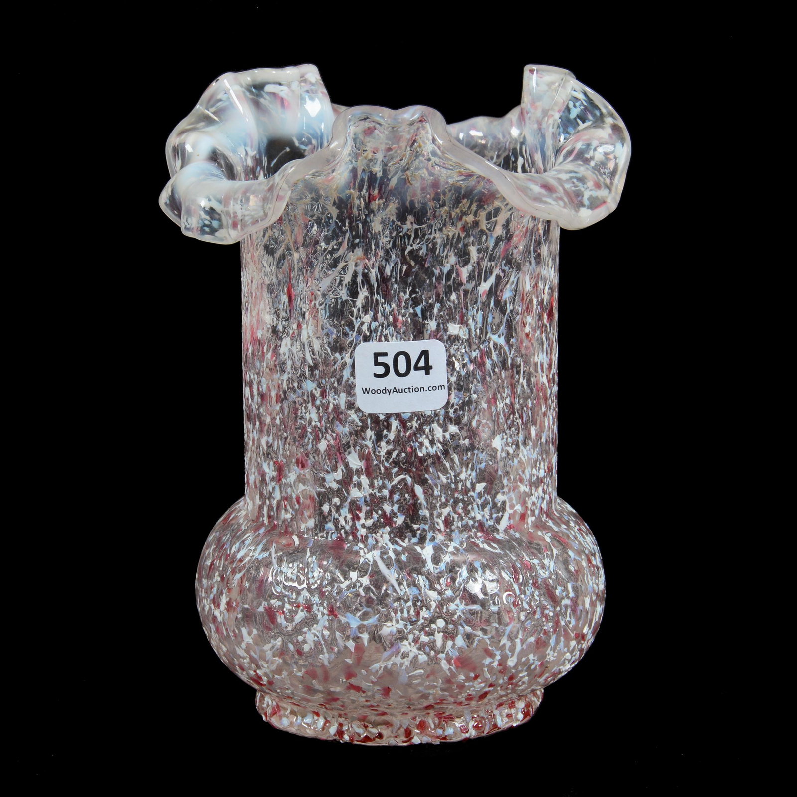 Spooner, Rose Spatter Art Glass By Northwood: Spooner, Rose Spatter Art Glass By Northwood, 6.25" x 4.5", Nice Quality, Internal Factory Defect, See Photos, Don Henson Estate, Michigan. This auction begins the dispersal of a collection of over 1,