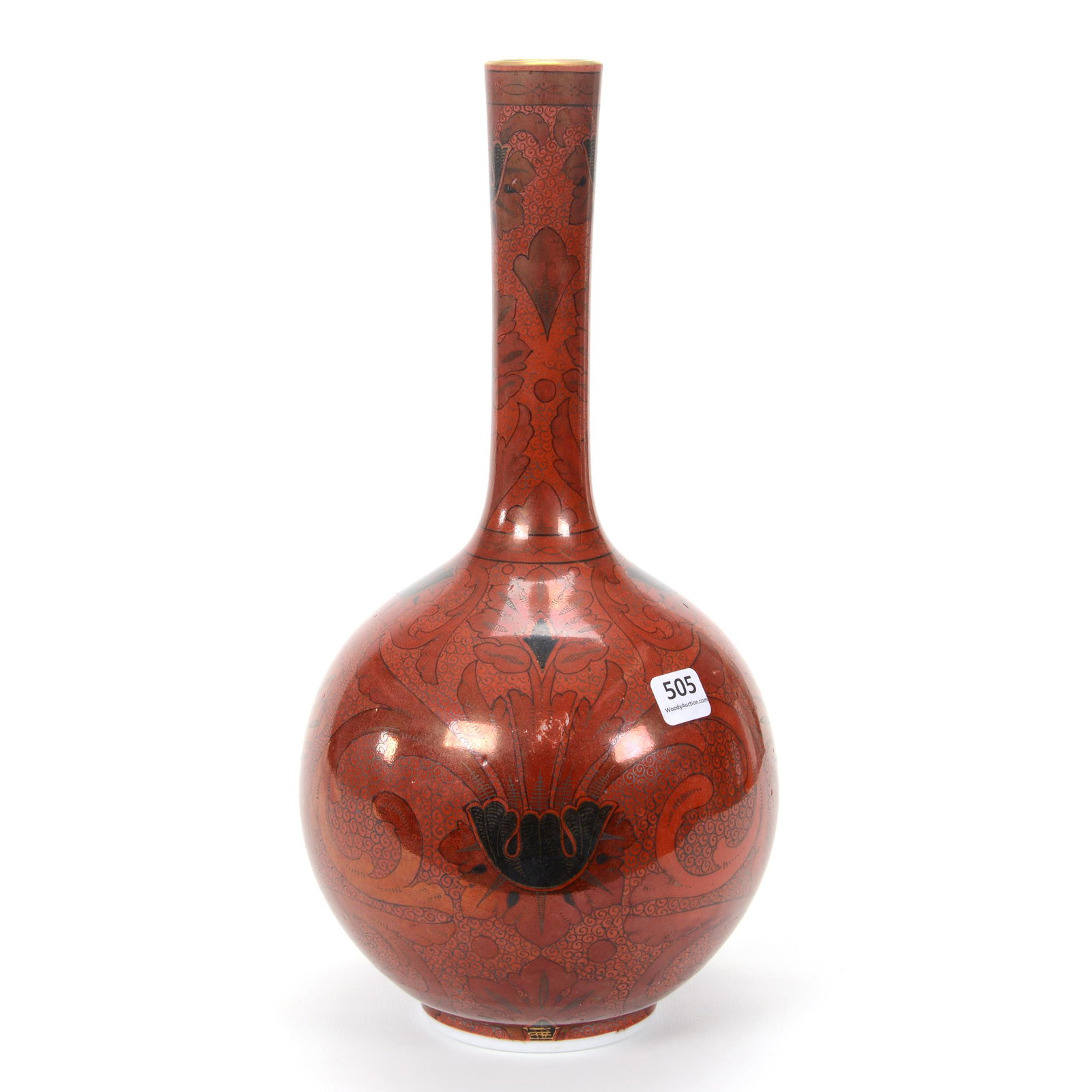 Vase, White Opaline With Maroon & Black Design: Vase, White Opaline With Maroon & Black Design, 13.5" x 6.5", Floral Design, Don Henson Estate, Michigan. This auction begins the dispersal of a collection of over 1,800 items selling over a total of