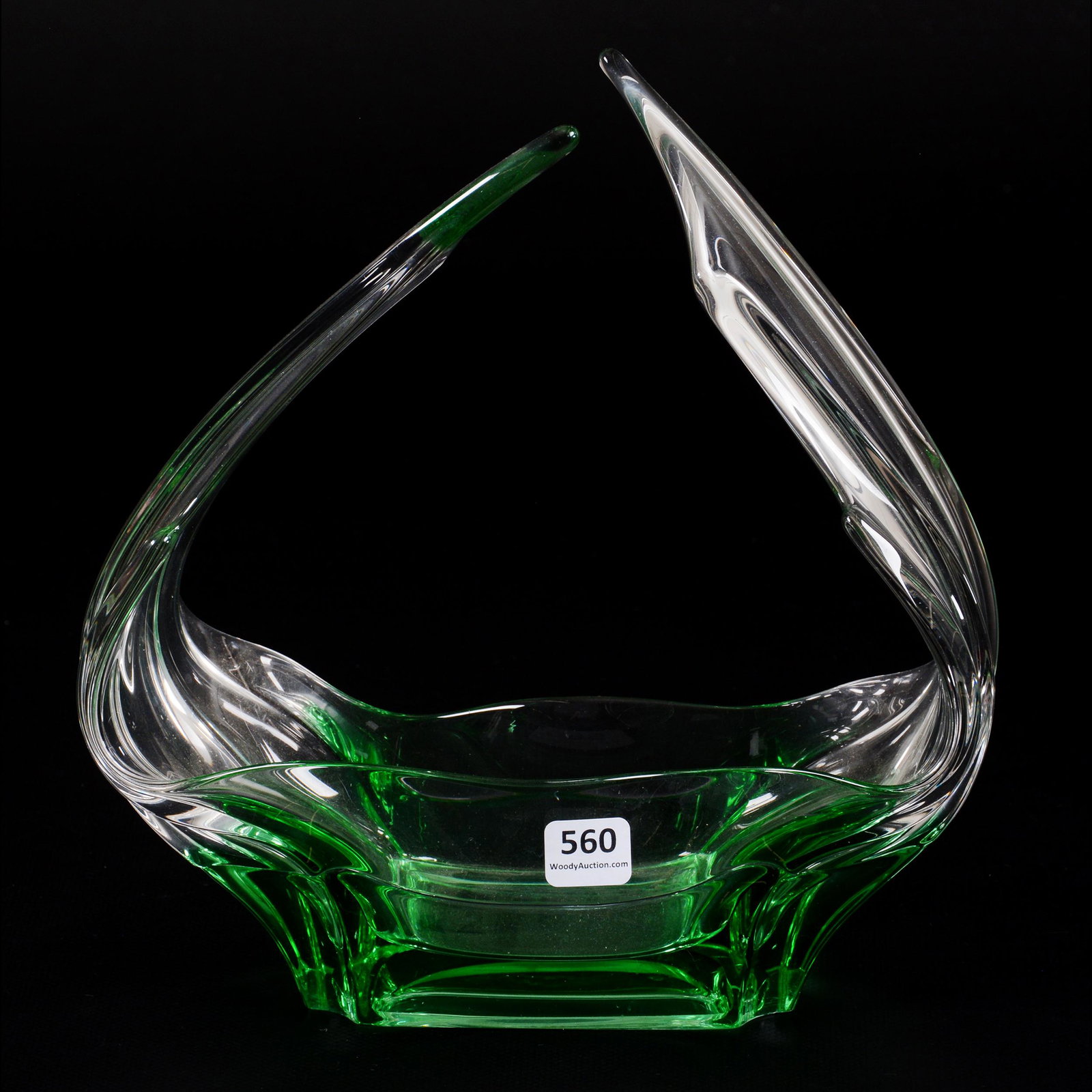 Centerpiece, Unmarked Tiffin Empress Art Glass: Centerpiece, Unmarked Tiffin Empress Art Glass, 9.5" x 9", Clear Shading To Green, Base Chip, Don Henson Estate, Michigan. This auction begins the dispersal of a collection of over 1,800 items selling