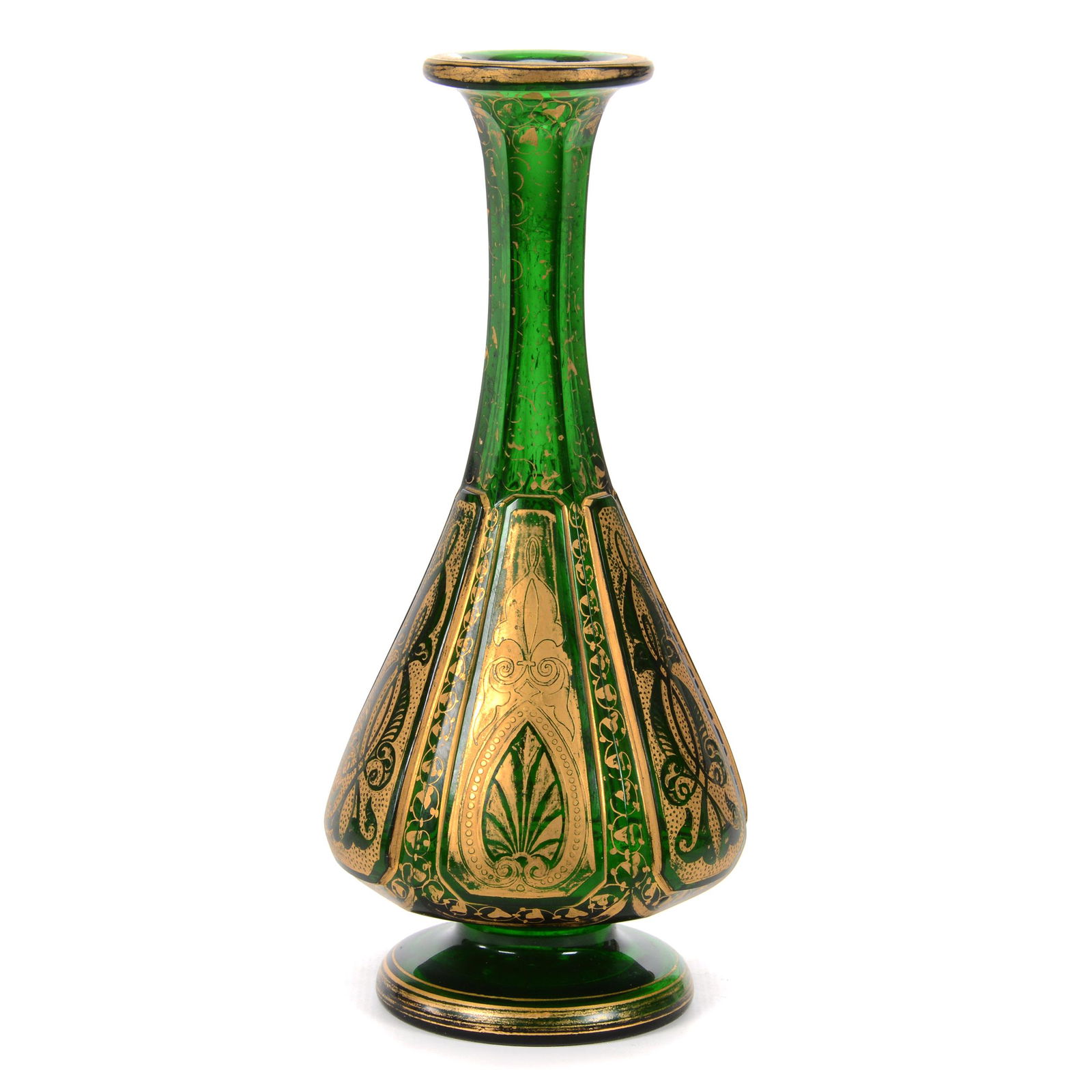 Pedestal Bottle, Green Bohemian Art Glass: Pedestal Bottle, Green Bohemian Art Glass, 7.5" x 3.25", Panel Cut With Raised Cabochons, Gold Stencil Highlights, Some Gold Wear, No Stopper, Don Henson Estate, Michigan. This auction begins the disp