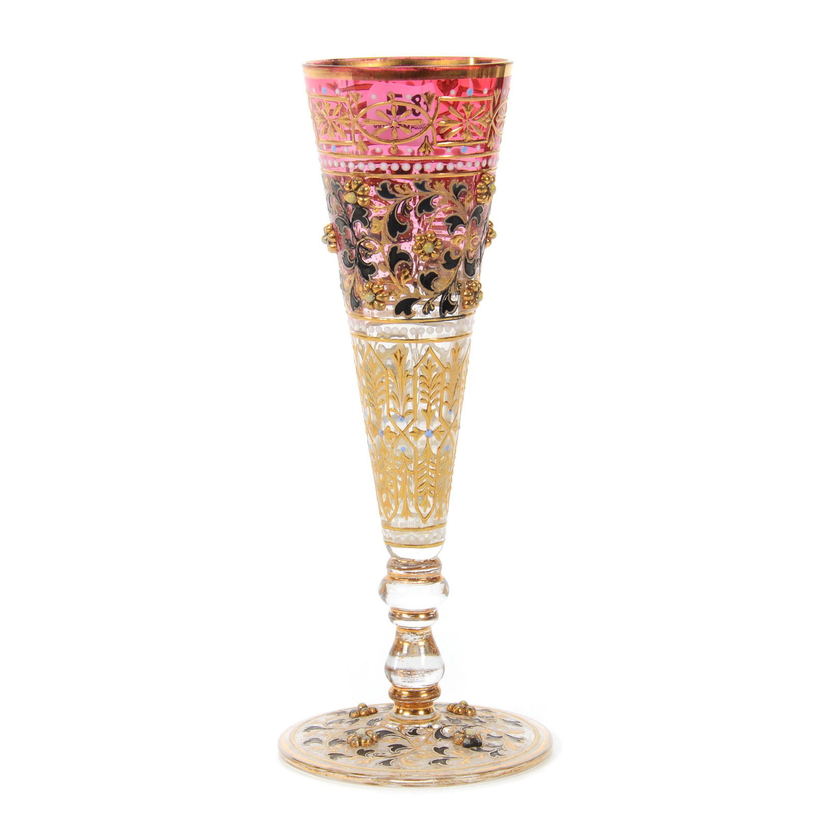 Trumpet Vase, Rubina Bohemian Art Glass: Trumpet Vase, Rubina Bohemian Art Glass, 7.75" x 3", Extensive Enamel Floral Decor And Applied Prunts, Nice Quality, Don Henson Estate, Michigan. This auction begins the dispersal of a collection of o