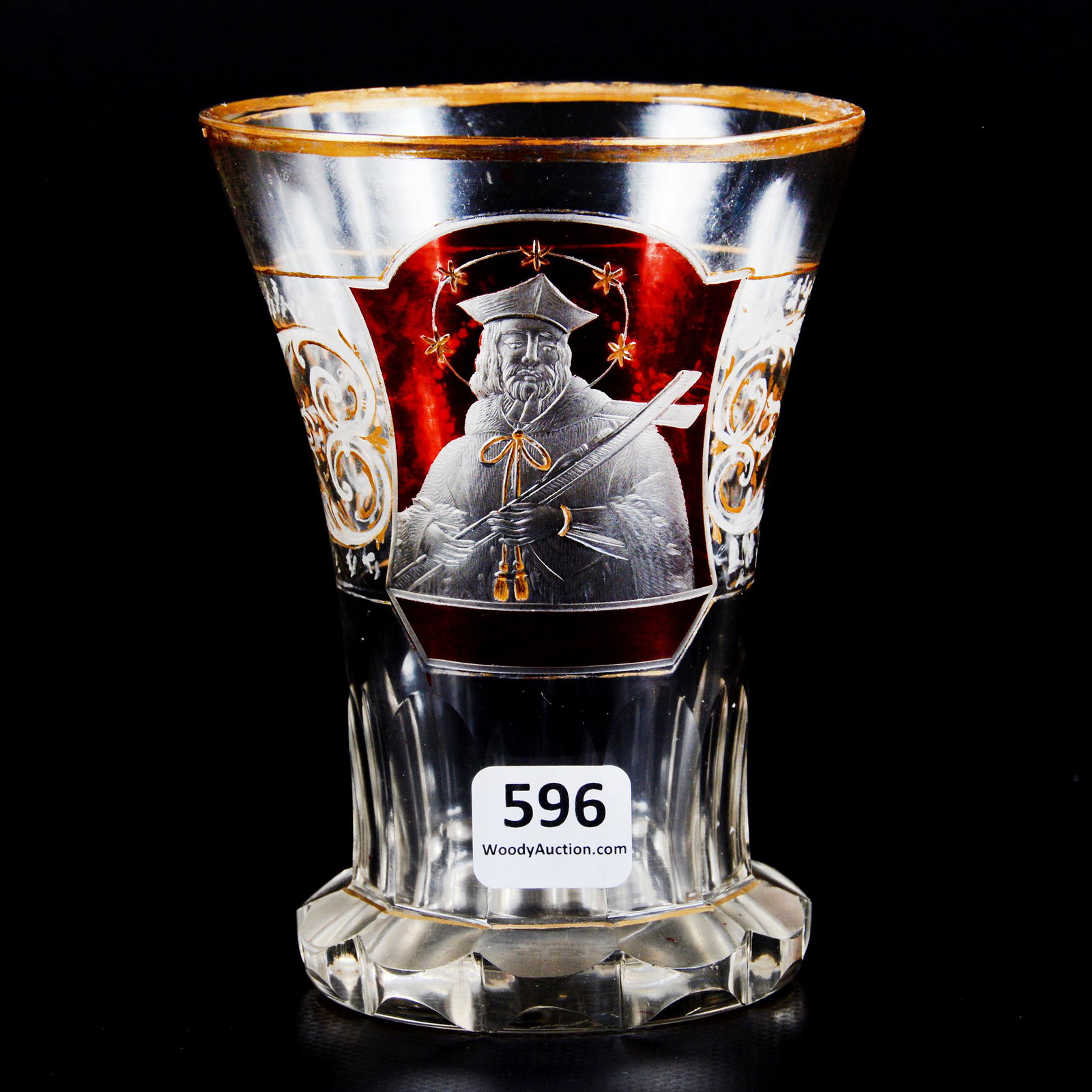 Beaker, Clear Bohemian Art Glass, Ruby Flash Panel (1 of 2)