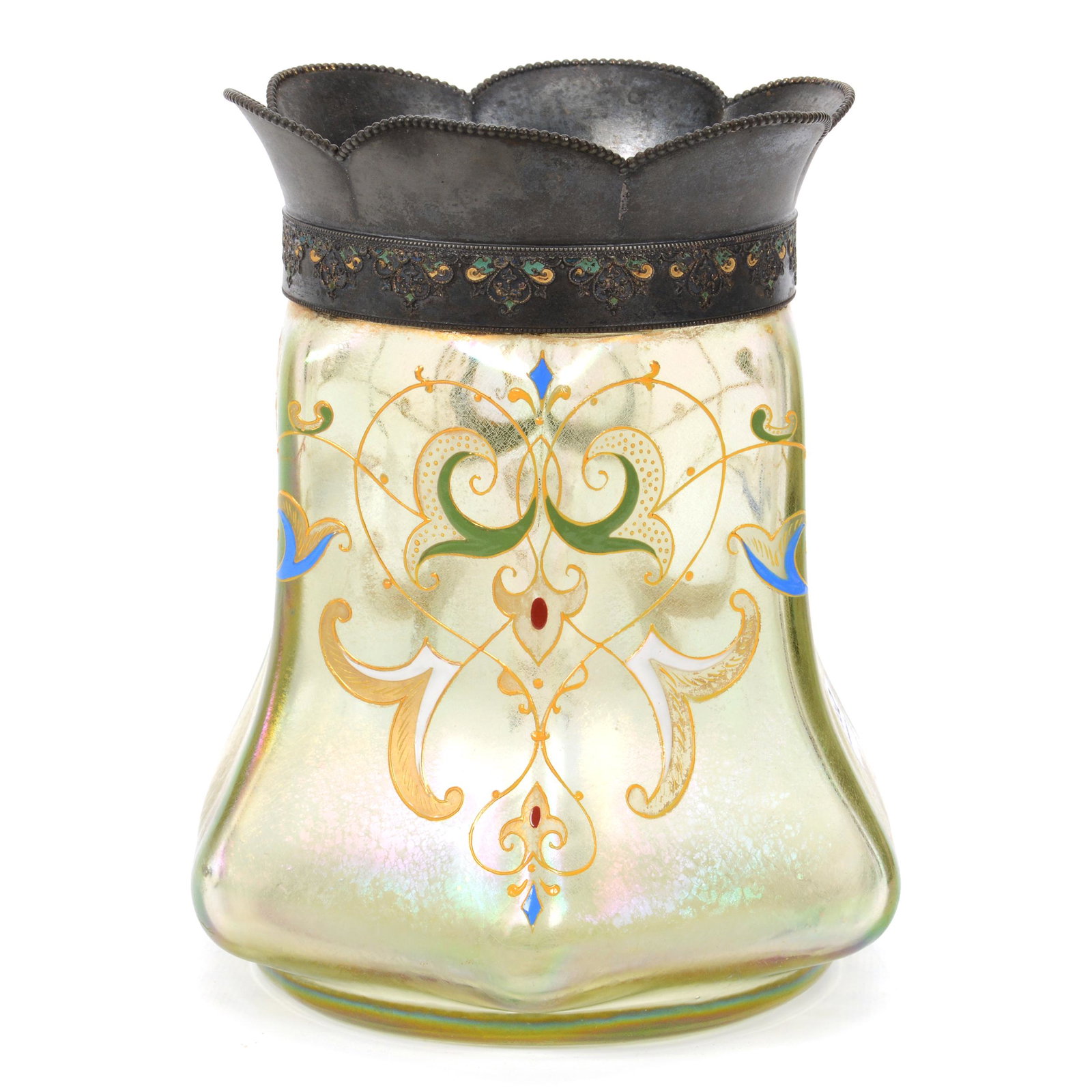 Biscuit Jar, Iridescent Green Bohemian Art Glass (1 of 3)