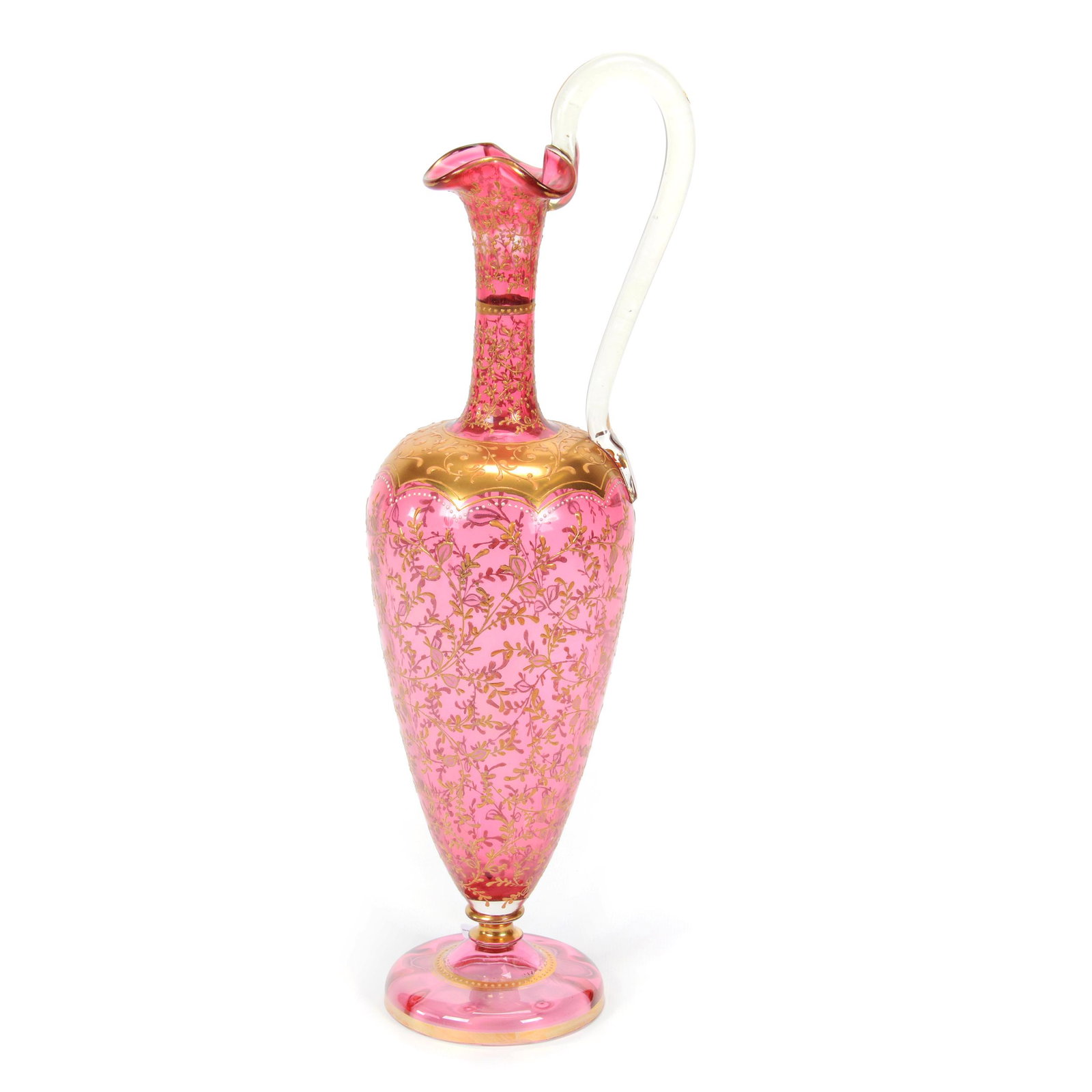 Pedestal Ewer, Cranberry Bohemian Art Glass: Pedestal Ewer, Cranberry Bohemian Art Glass, 16.5" x 4.5", Extensive Gold Enamel Floral And Scroll Design, Clear Applied Handle, May Have Originally Had Stopper, Don Henson Estate, Michigan. This auct