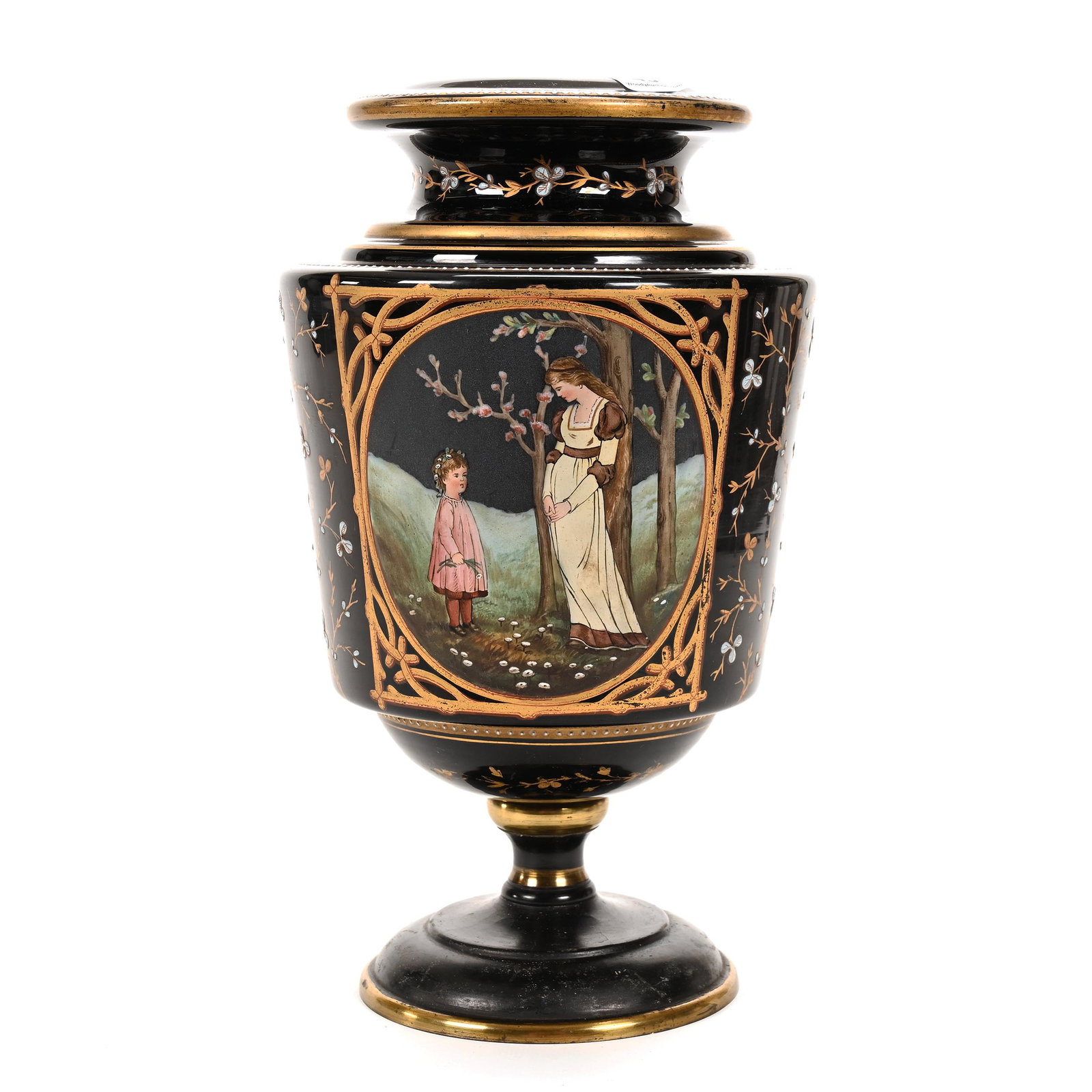Pedestal Vase, Black Amethyst Art Glass: Pedestal Vase, Black Amethyst Art Glass, 11.5" x 6.5", Finely Detailed Enamel Scene Of Woman And Child, Metal Base, Nice Quality, Unmarked, Don Henson Estate, Michigan. Part 2. This Auction Is The Con