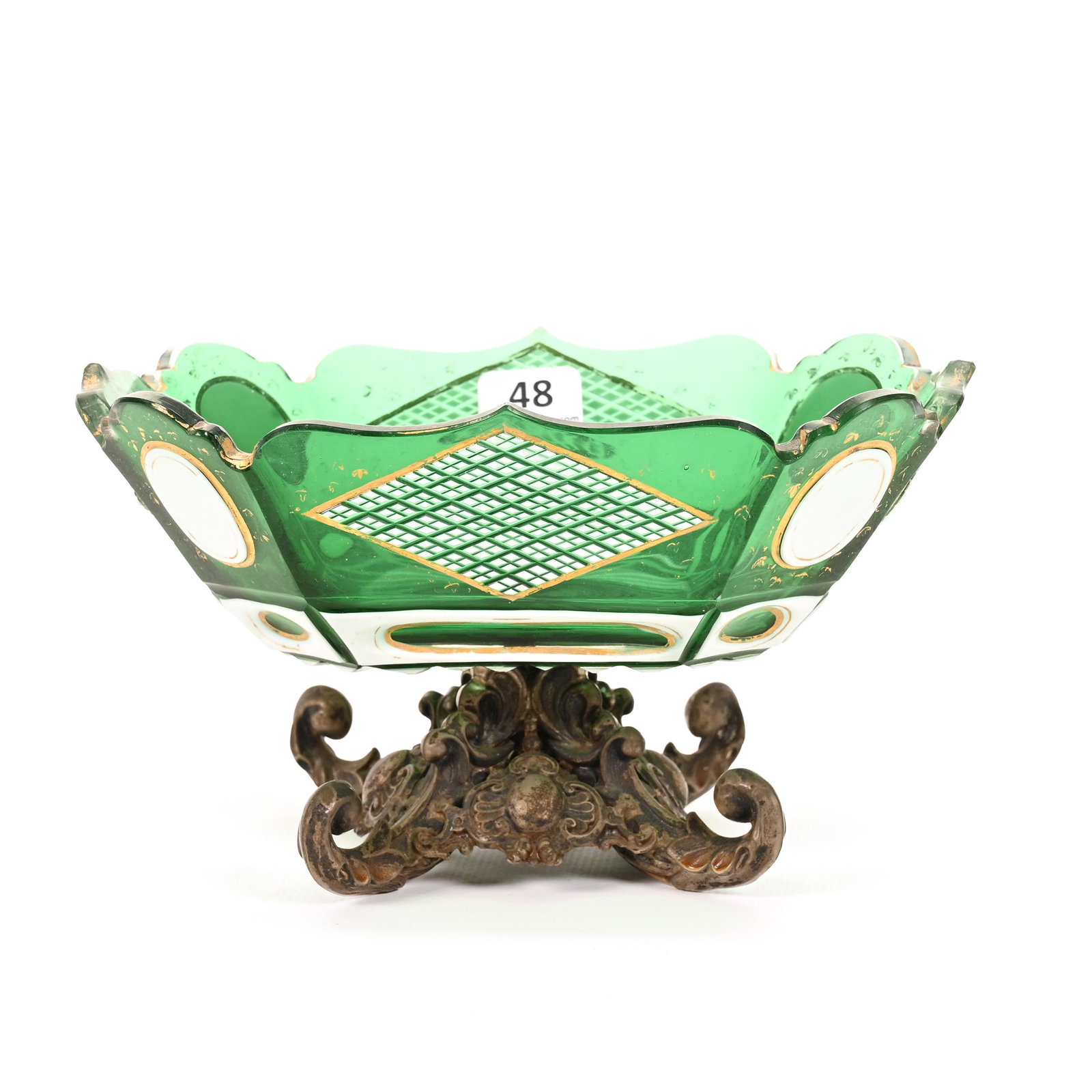 Pedestal Bowl, Green Bohemian Art Glass (1 of 3)