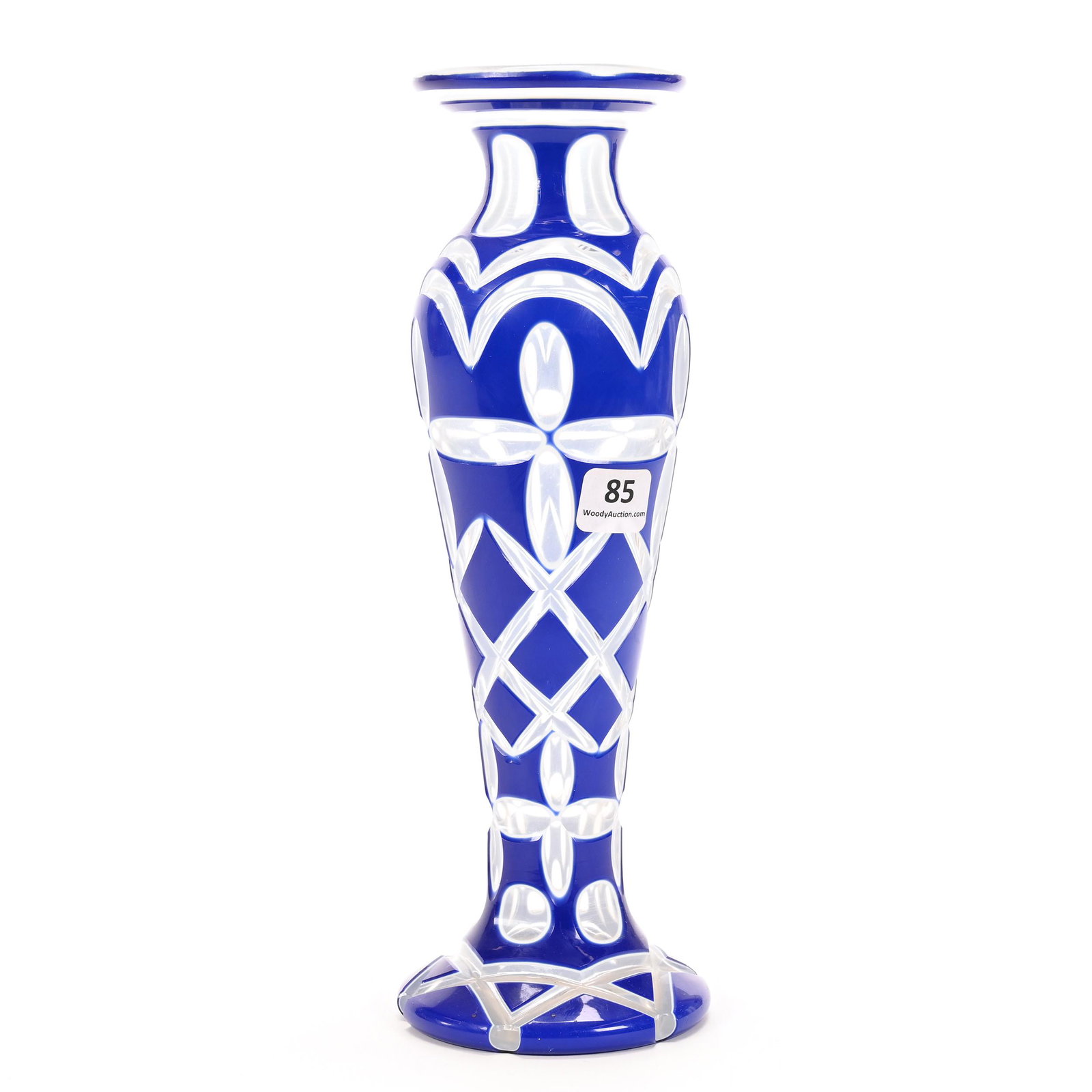 Vase, Clear Bohemian Art Glass: Vase, Clear Bohemian Art Glass, 10.25" x 3.5", White And Blue Cutback Overlay, Nice Design, Don Henson Estate, Michigan. Part 2. This Auction Is The Continuation Of The Dispersal Of A Collection Of Ov
