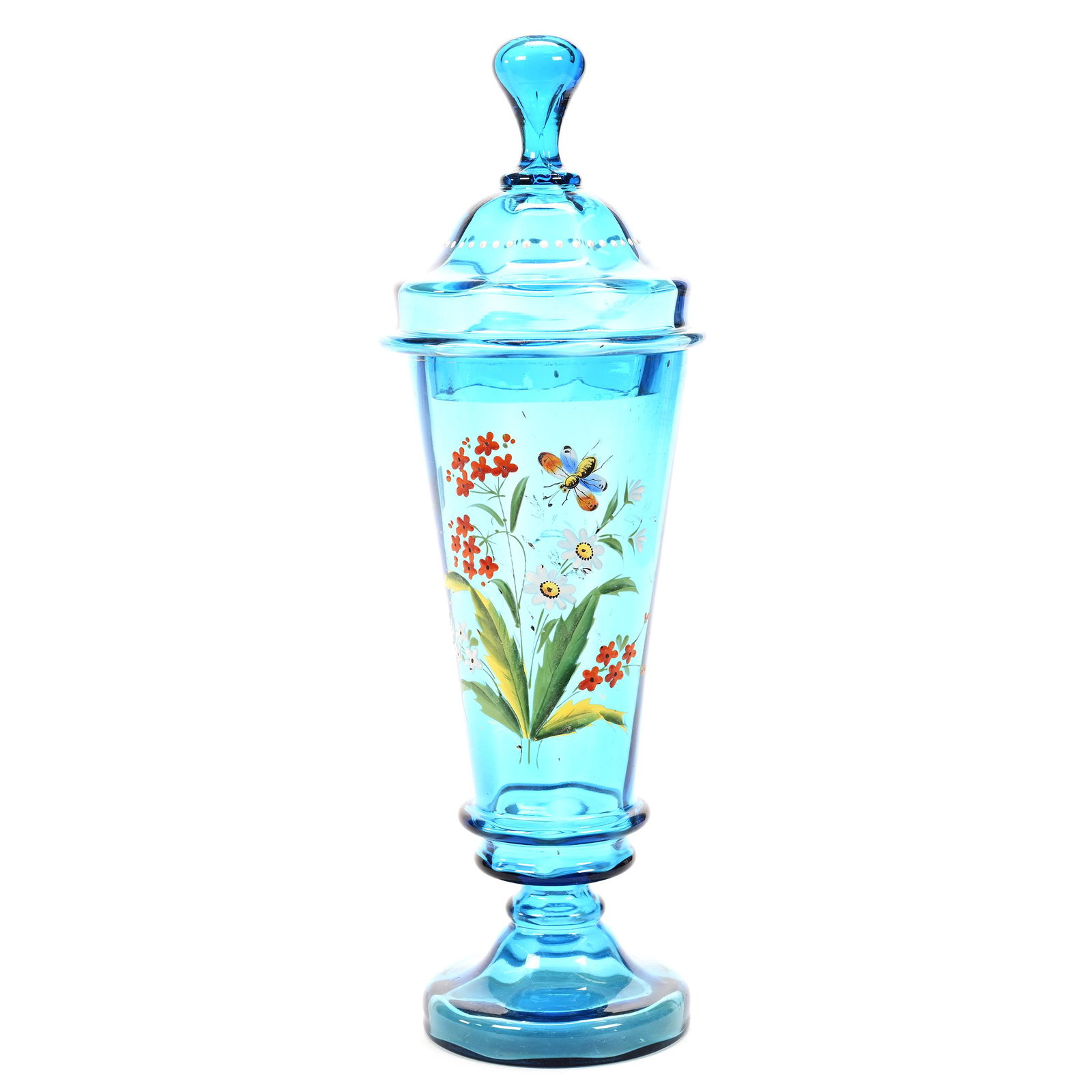 Pokal, Blue Bohemian Art Glass: Pokal, Blue Bohemian Art Glass, 16" x 5", Colorful Enamel Floral And Insect Decor, Small Chip On Interior Rim And On Interior Lid, Don Henson Estate, Michigan. Part 2. This Auction Is The Continuation
