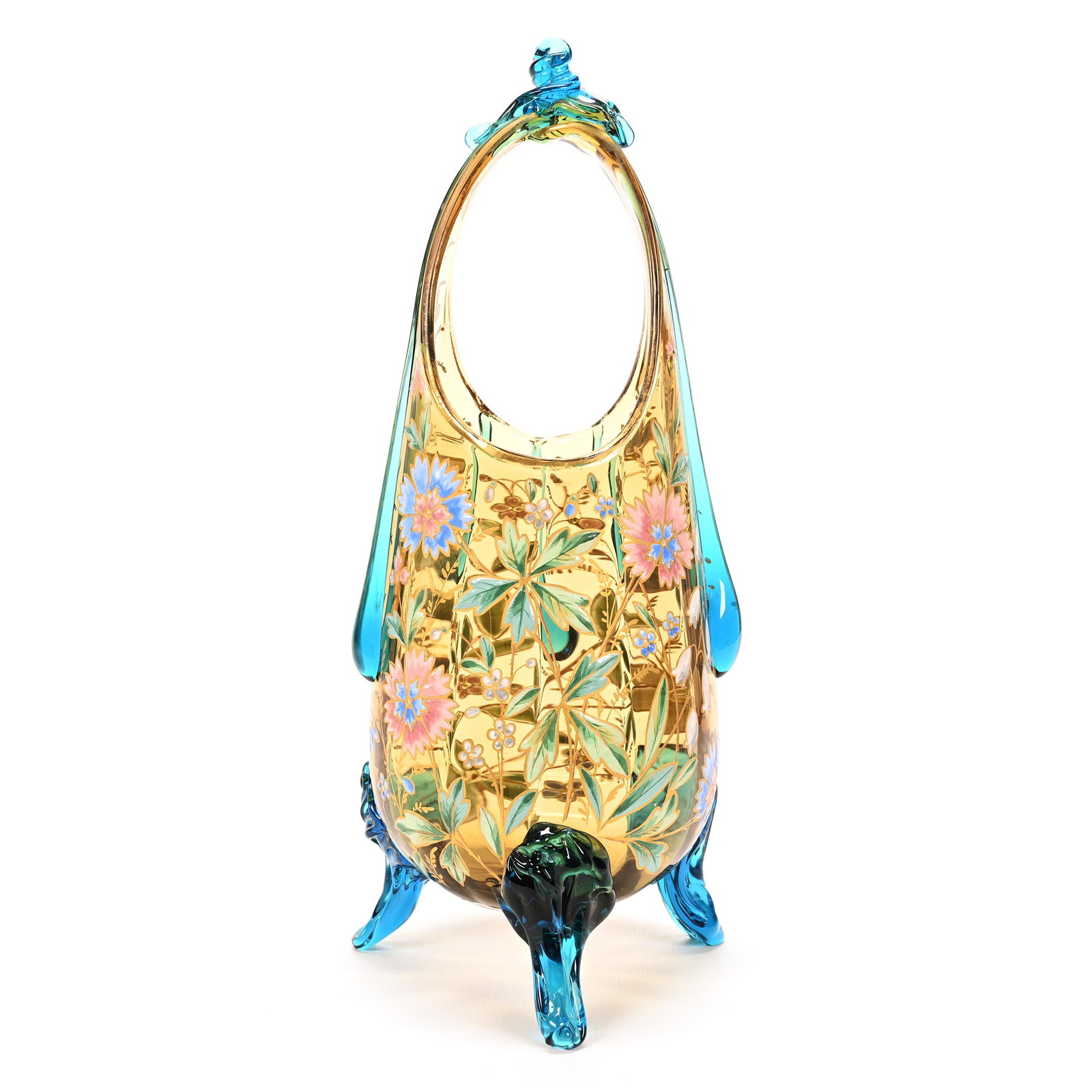 Basket Signed Moser Solid Amber Art Glass, Decorated (1 of 3)