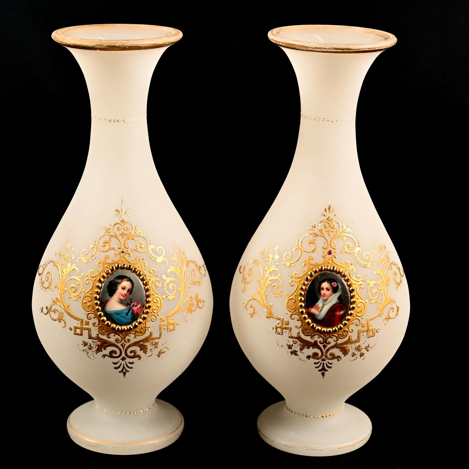 Pair Vases, White Opaline Art Glass, Decorated: Pair Vases, White Opaline Art Glass, Decorated, 11.75" x 5", Medallion Portraits Of Young Women, Nice Detail, Applied Beaded Highlights, Don Henson Estate, Michigan. Part 2. This Auction Is The Contin