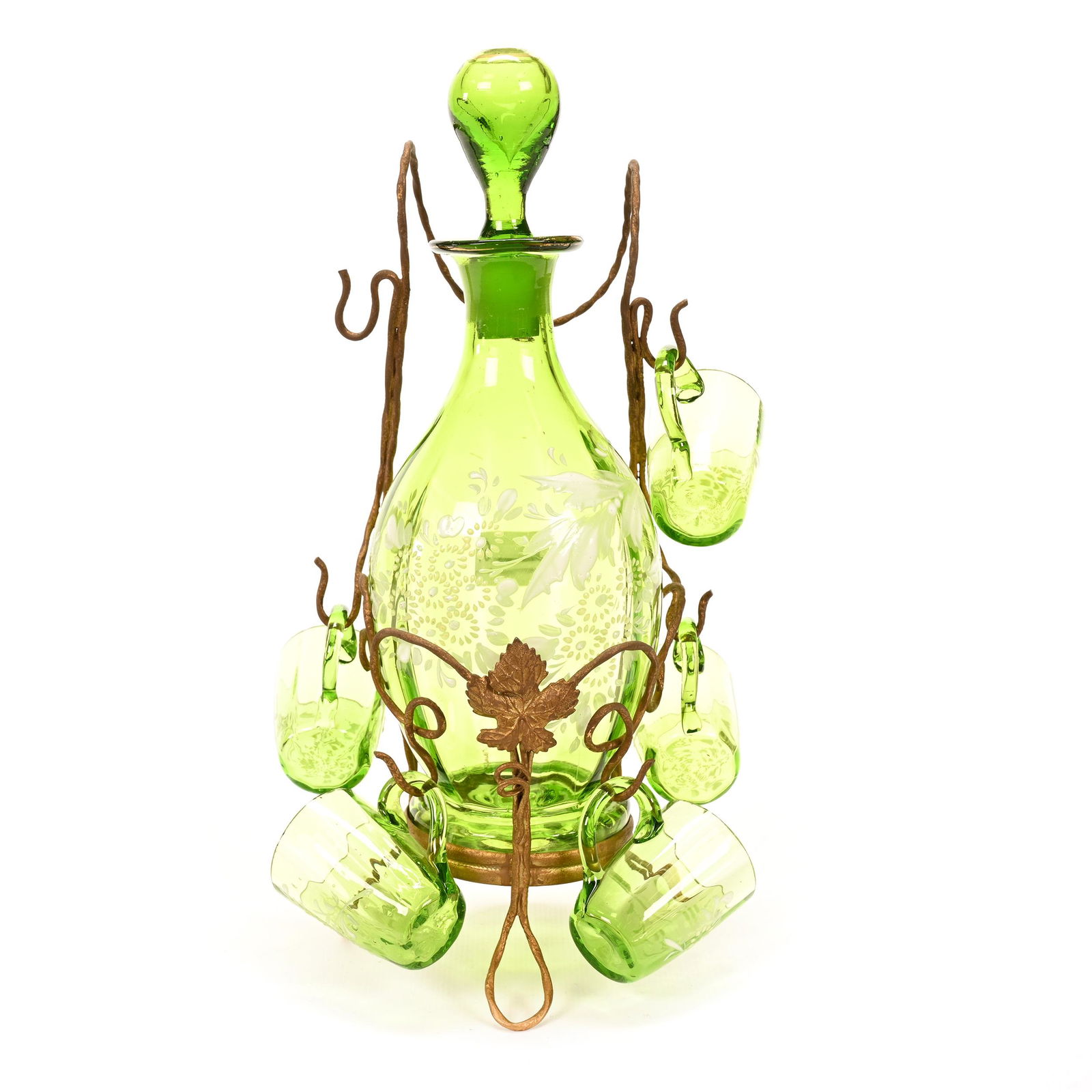 Decanter Set, Green Bohemian Art Glass, Optic Rib (1 of 3)