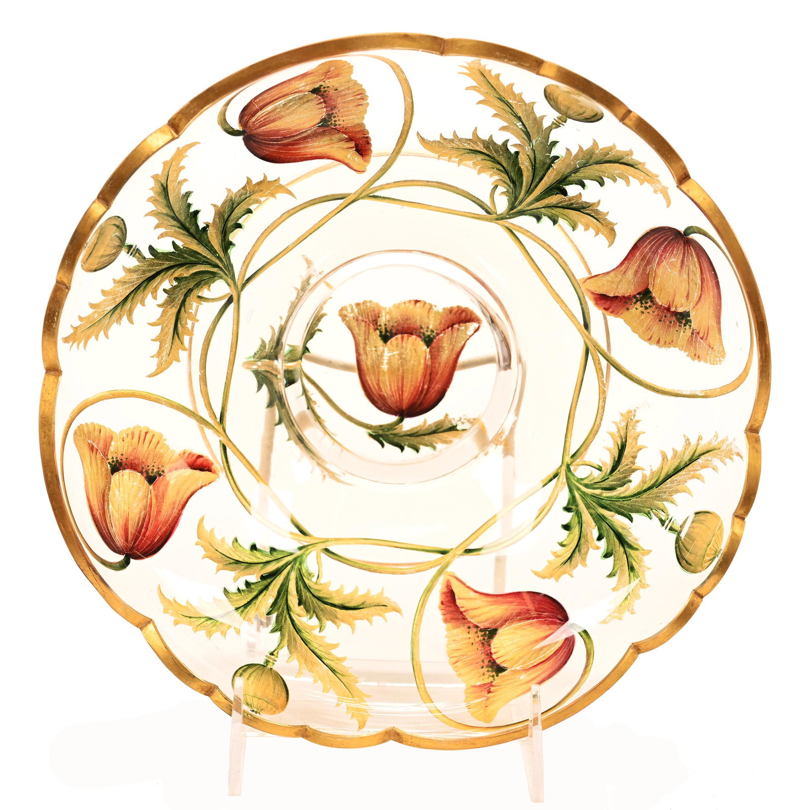Pedestal Bowl, Clear Bohemian Art Glass, Engraved: Pedestal Bowl, Clear Bohemian Art Glass, Engraved, 3.5" x 8.75", Finely Engraved Poppy Decor, Colorful Gold, Red And Green Highlights, Nice Quality, Don Henson Estate, Michigan. Part 2. This Auction I