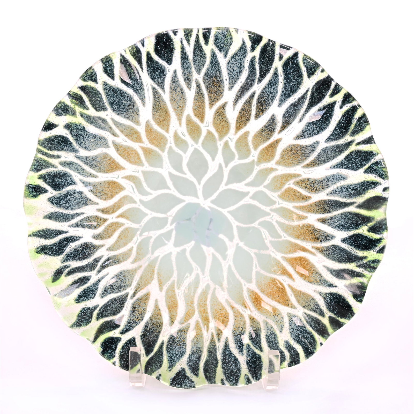 Bowl, Attributed To Sydenstricker Art Glass: Bowl, Attributed To Sydenstricker Art Glass, 1.5" x 6.5", Clear With Leafy Design Of White, Brown, Gray And Green Tones, Don Henson Estate, Michigan. Part 2. This Auction Is The Continuation Of The Di