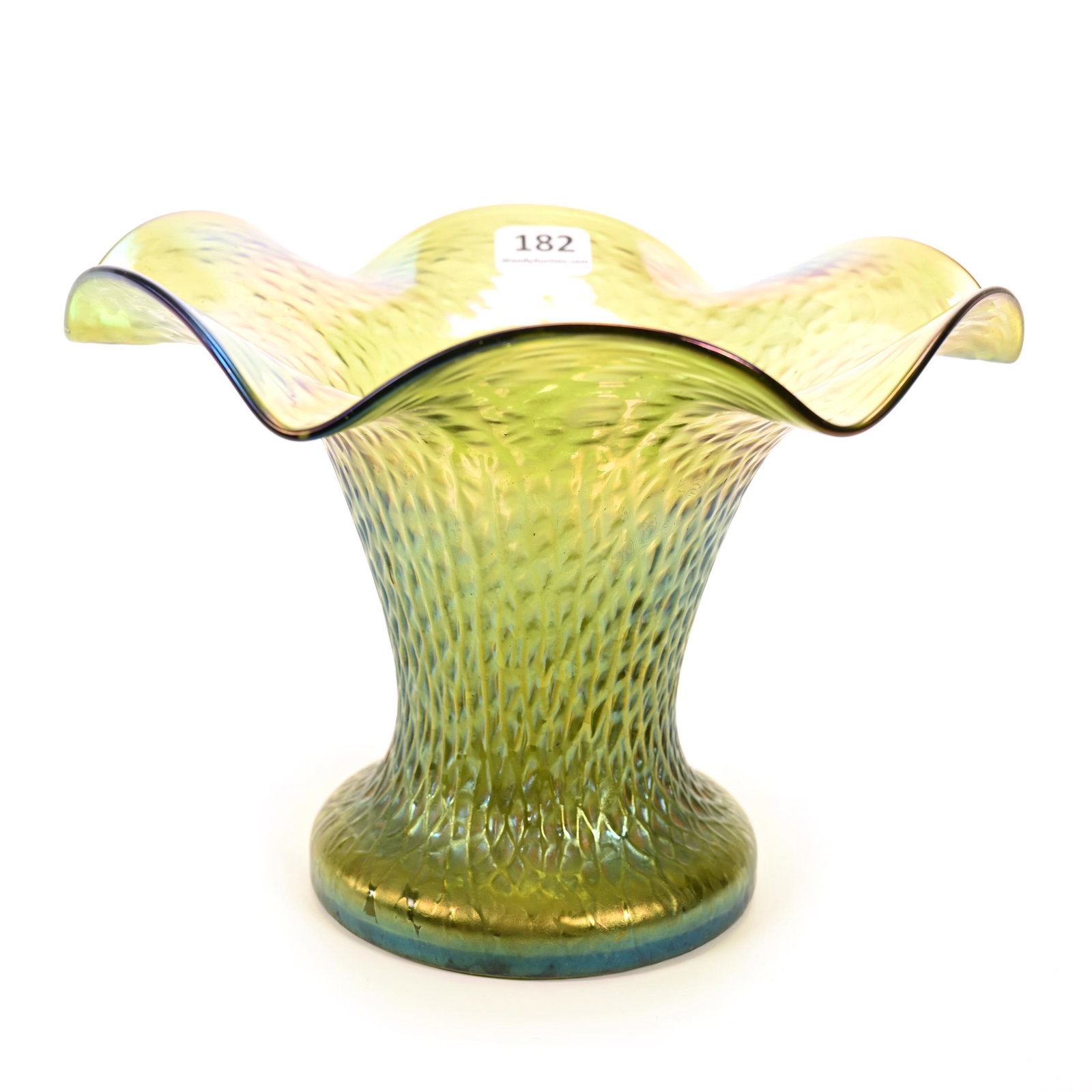 Vase, Green Bohemian Art Glass, Martele By Loetz: Vase, Green Bohemian Art Glass, Martele By Loetz, 5.25" x 7.25", Circa 1898, Polished Pontil Base, Ruffled Rim, Don Henson Estate, Michigan. Part 2. This Auction Is The Continuation Of The Dispersal O