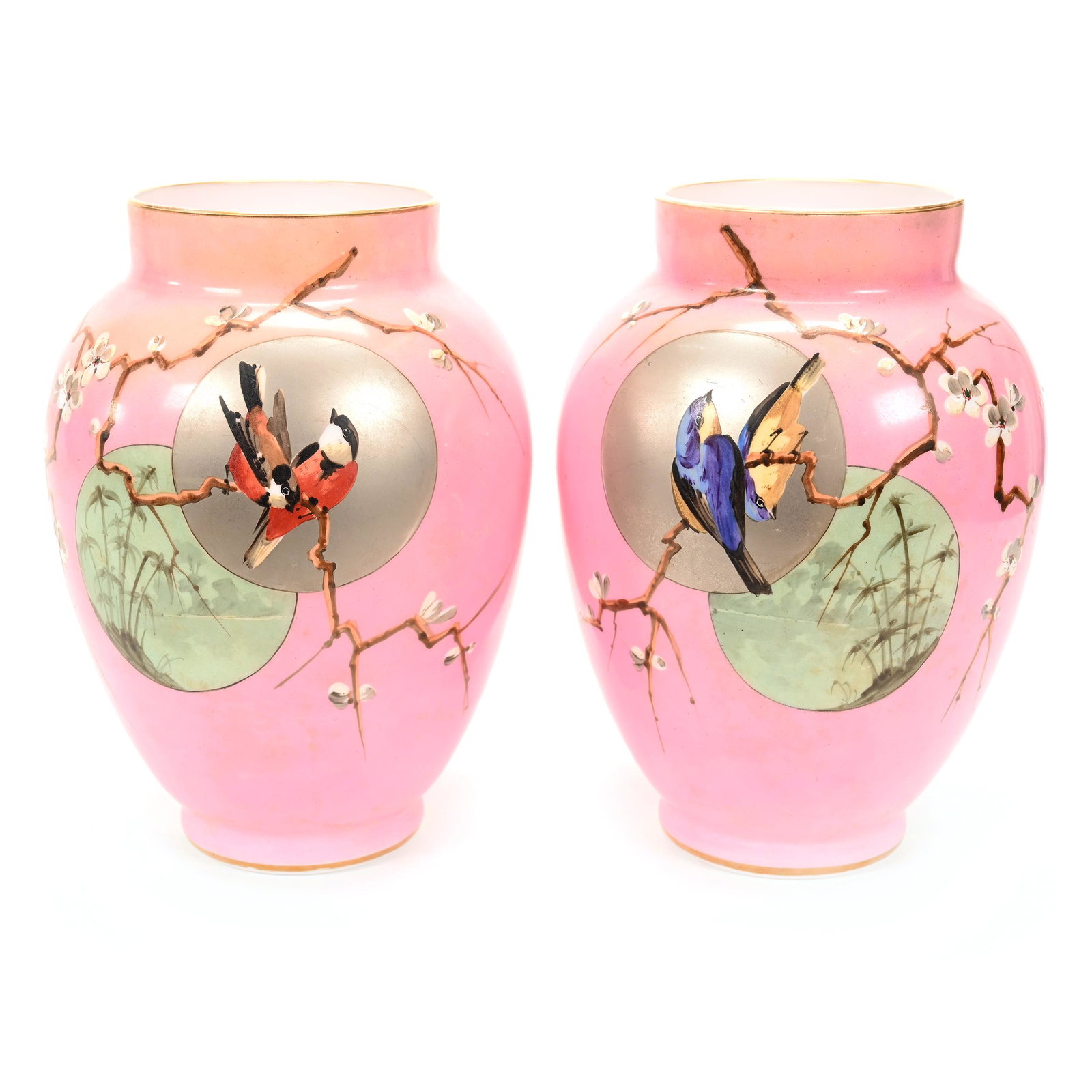 Pair Vases, White Opaque Art Glass, Pink Background (1 of 3)