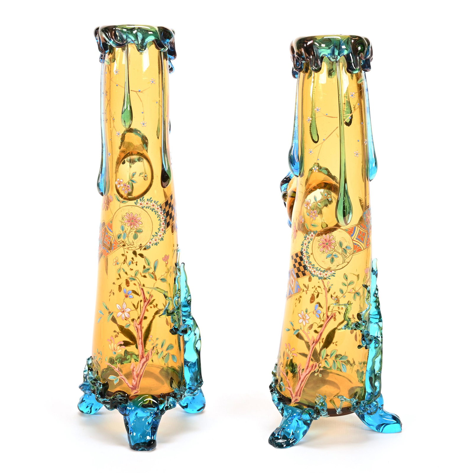 Pair Unique Vases, Amber Bohemian Art Glass (1 of 6)