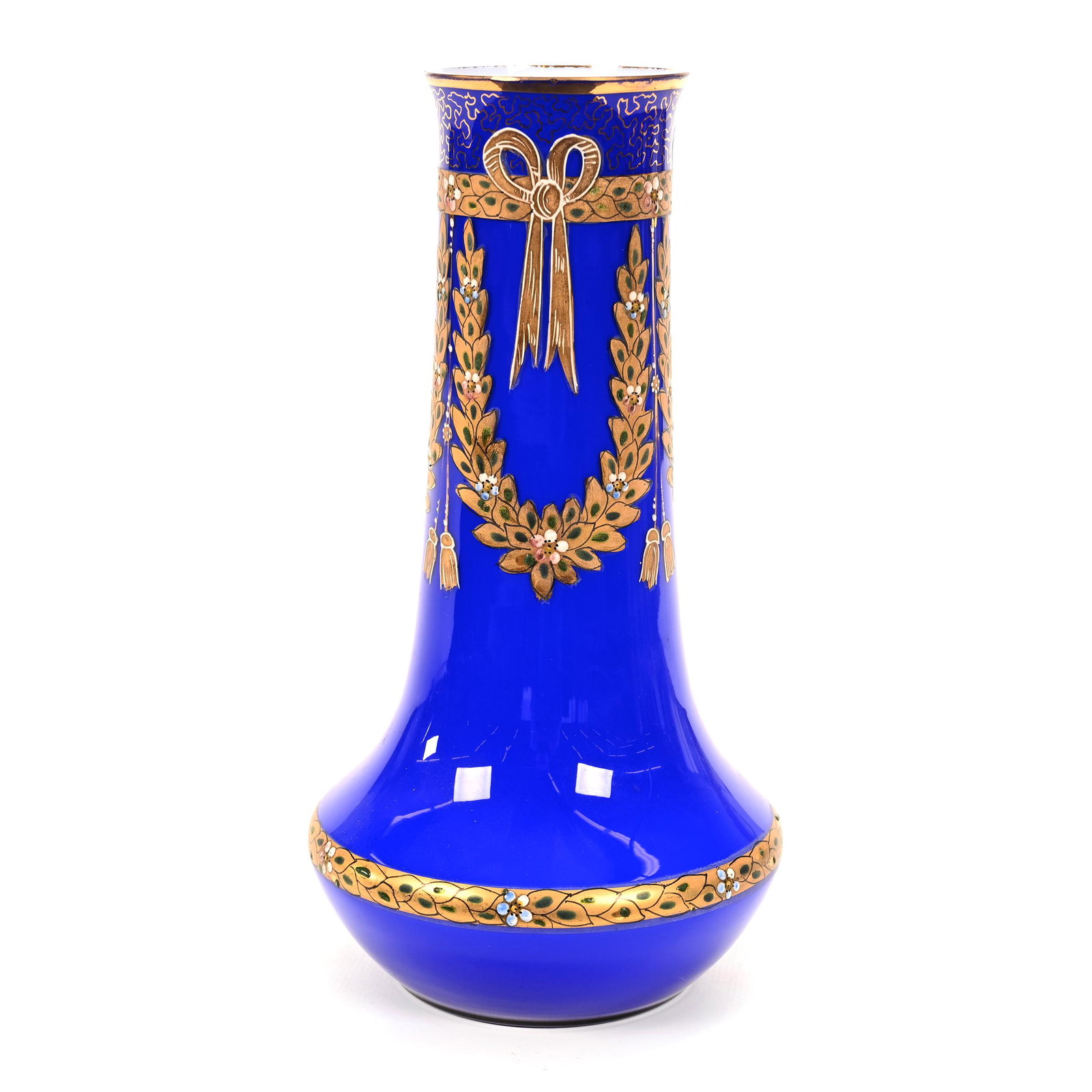 Vase, Bright Blue Bohemian Art Glass With Gold Enamel: Vase, Bright Blue Bohemian Art Glass With Gold Enamel Decor, 9.25" x 4.75", Garland And Bow Design, White Interior, Don Henson Estate, Michigan. Part 2. This Auction Is The Continuation Of The Dispers