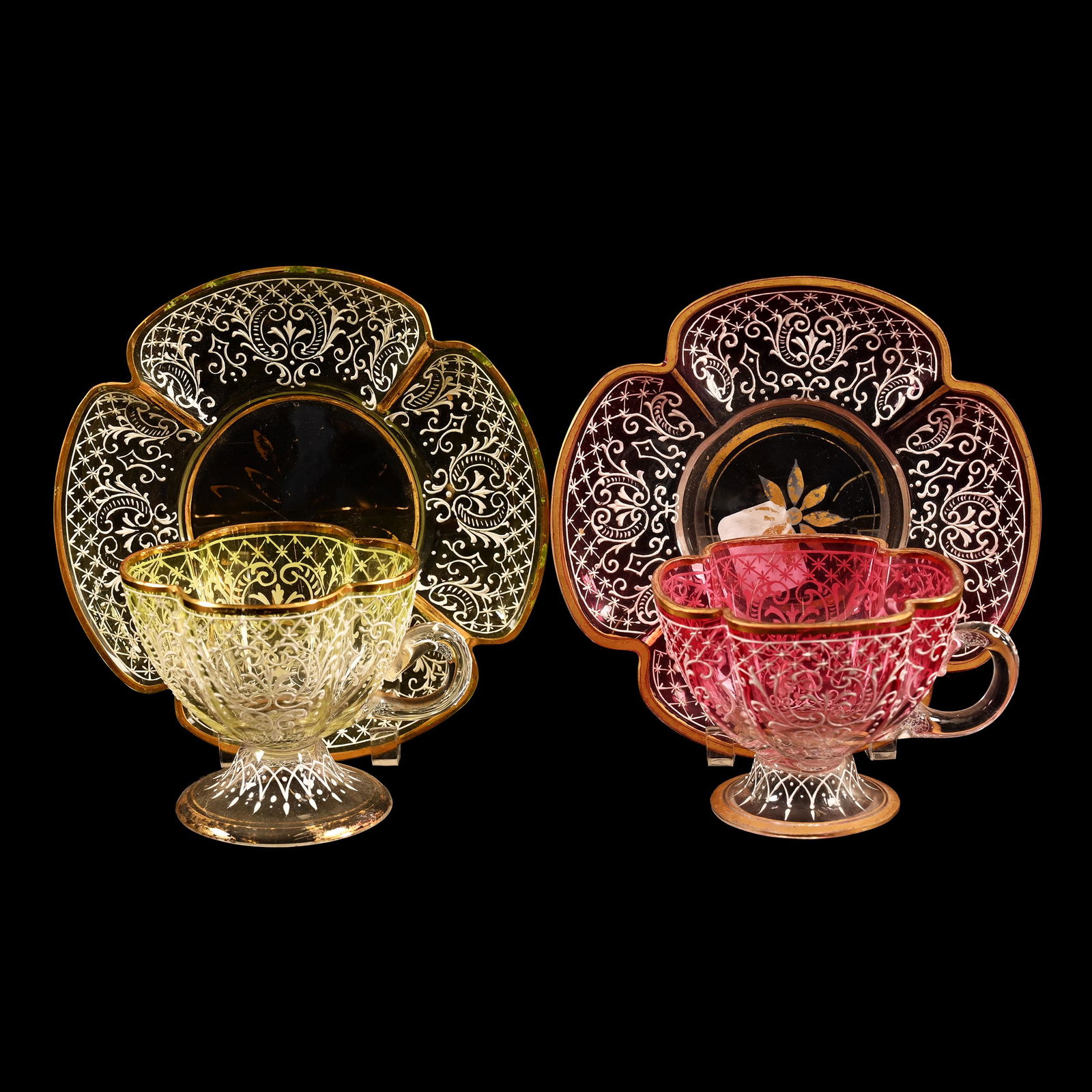 Pair Cups & Saucers, Colored Bohemian Art Glass (1 of 3)