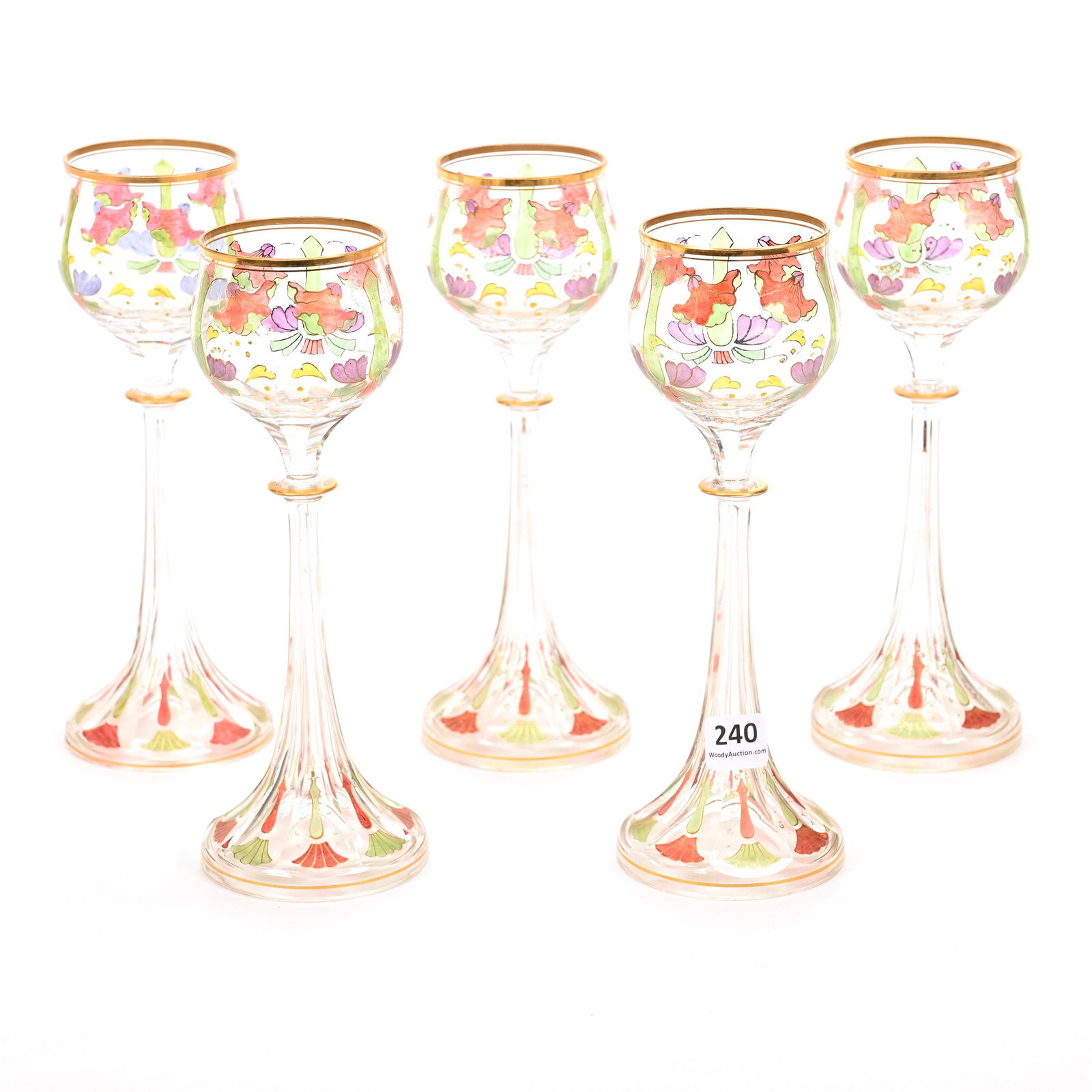 (5) Wine Stems, Clear Bohemian Crystal Art Glass: (5) Wine Stems, Clear Bohemian Crystal Art Glass, 8.25" x 3", Panel Cut Petticoat Foot, Colorful Floral Decor, Nice Set, Don Henson Estate, Michigan. Part 2. This Auction Is The Continuation Of The Di