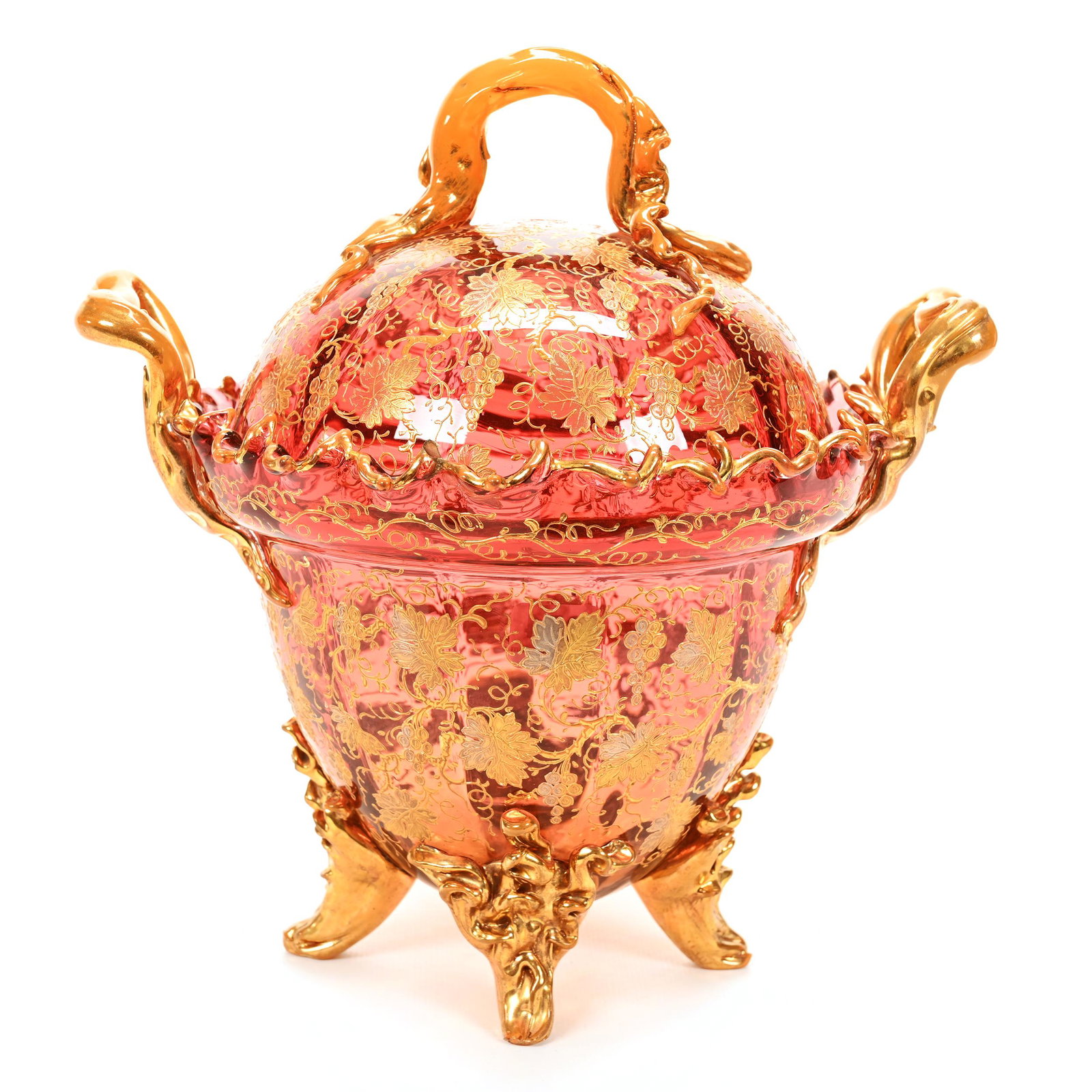 Covered Bowl, Cranberry/Amberina Art Glass: Covered Bowl, Cranberry/Amberina Art Glass, 10.25" x 9.5", Bohemian, Heavy Gold And Silver Enamel Vintage Decor, Applied Glass Feet, Handles And Finial With Touch Of Opalescence, Flame Edge, Flame Fin