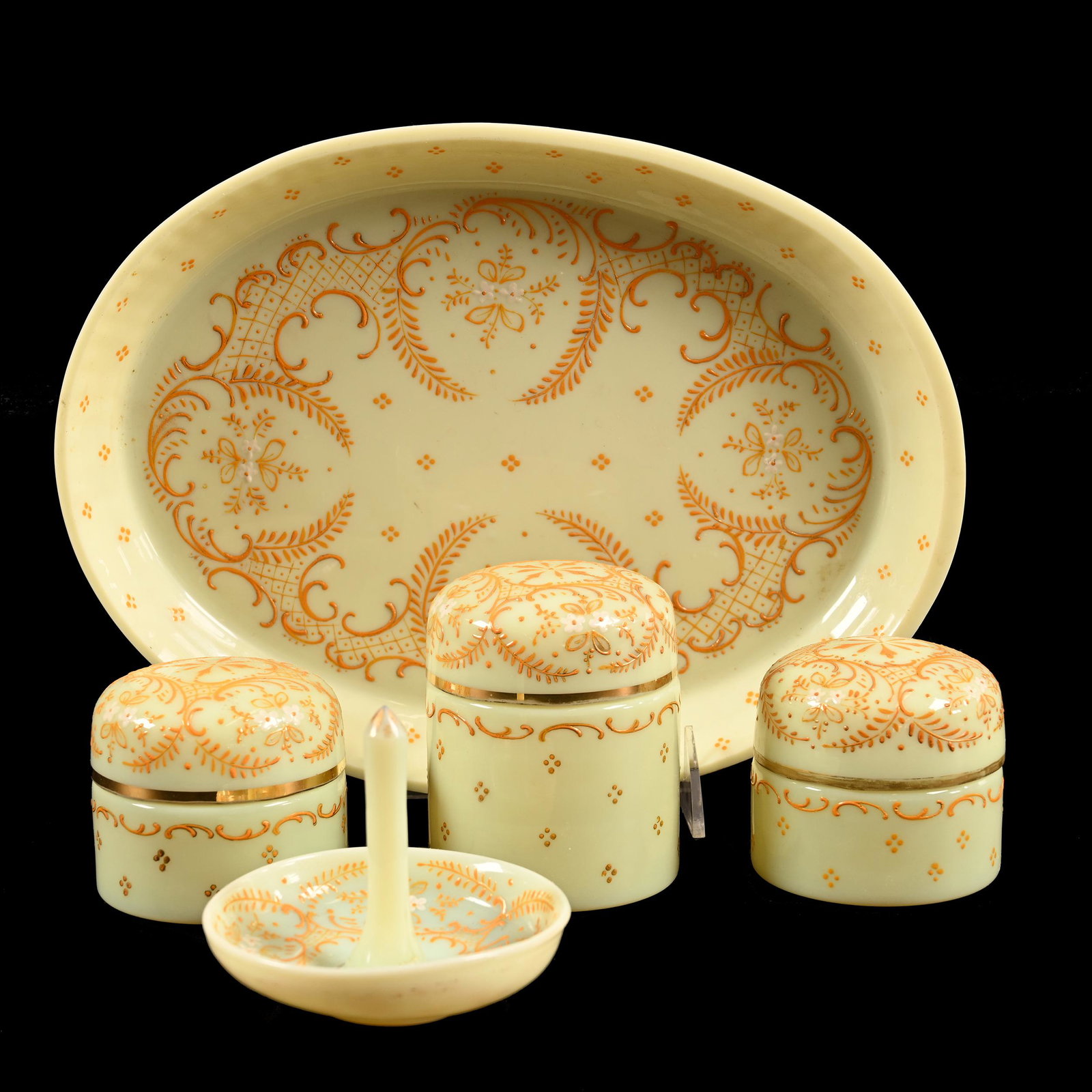 Dresser Set, Cream Bohemian Art Glass (1 of 3)