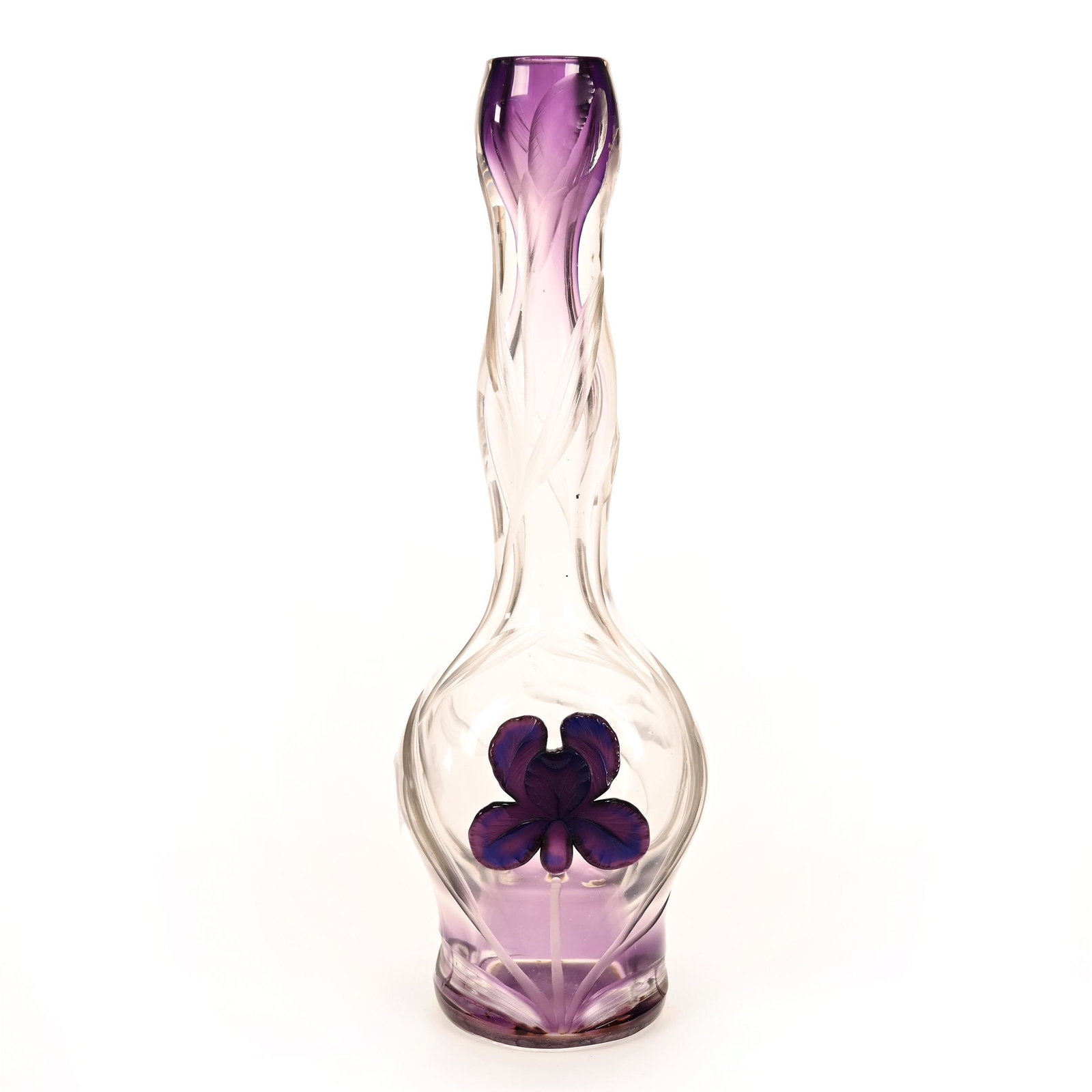 Vase, Amethyst To Clear Bohemian Marquetry Art Glass: Vase, Amethyst To Clear Bohemian Marquetry Art Glass, 8.75" x 3", Finely Engraved Iris Decor, Nice Quality, Don Henson Estate, Michigan. Part 2. This Auction Is The Continuation Of The Dispersal Of A 