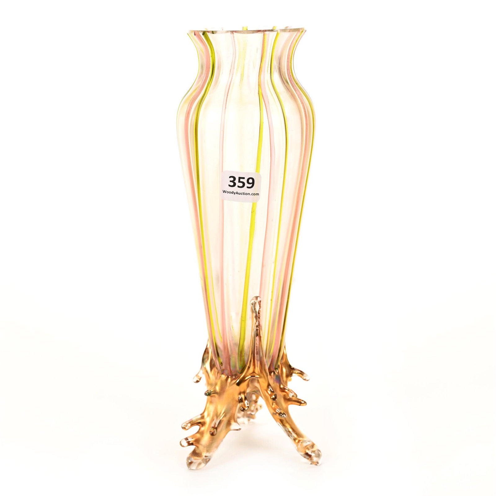 Vase, Bohemian Frosted Art Glass: Vase, Bohemian Frosted Art Glass, 10.25" x 3.25", Iridescent With Pink And Yellow Striped Design, Applied Thorn Feet, Gilded Highlights, Spurious Loetz Signature, Don Henson Estate, Michigan. Part 2. 