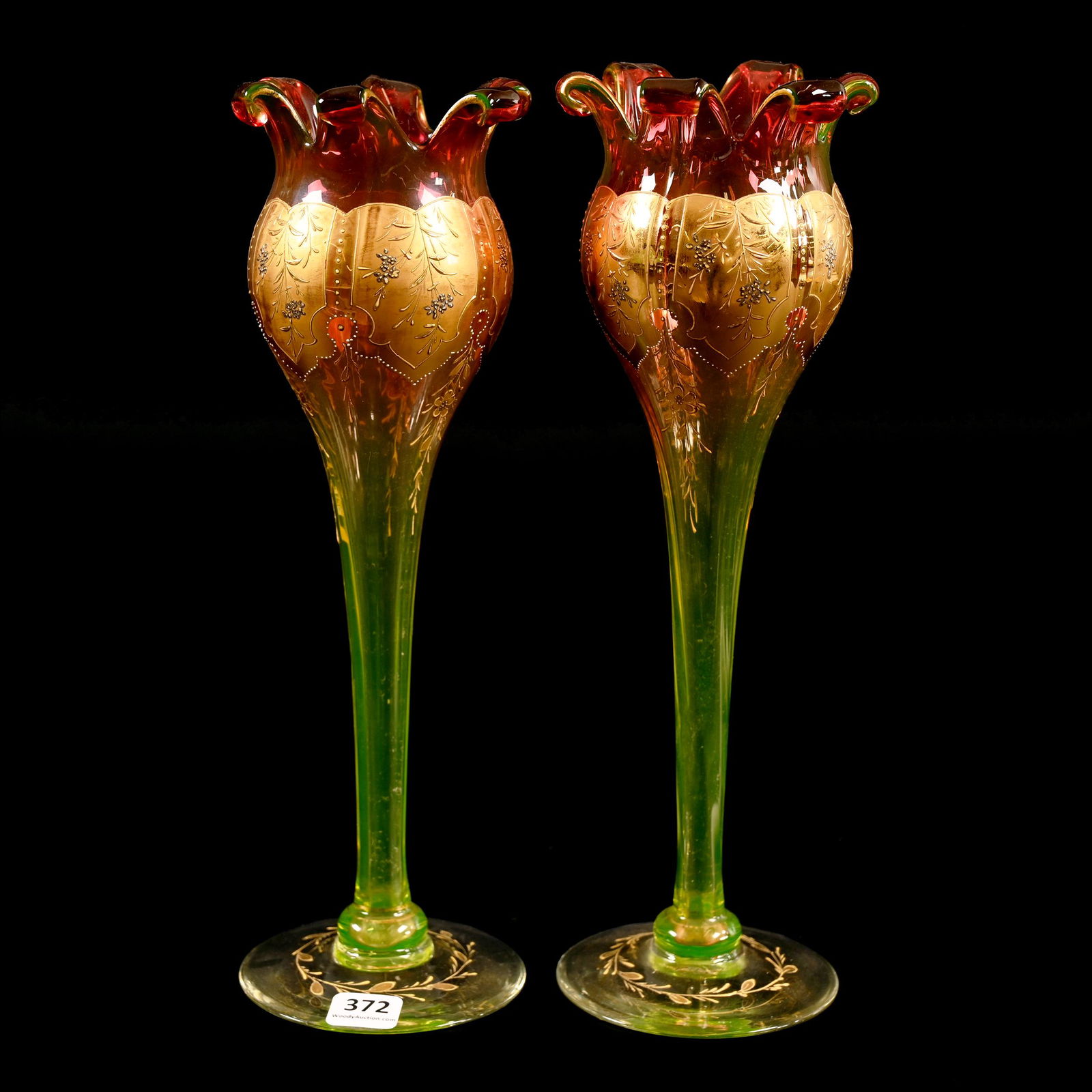 Pair Vases, Rubina Vaseline Cased Bohemian Art Glass (1 of 4)