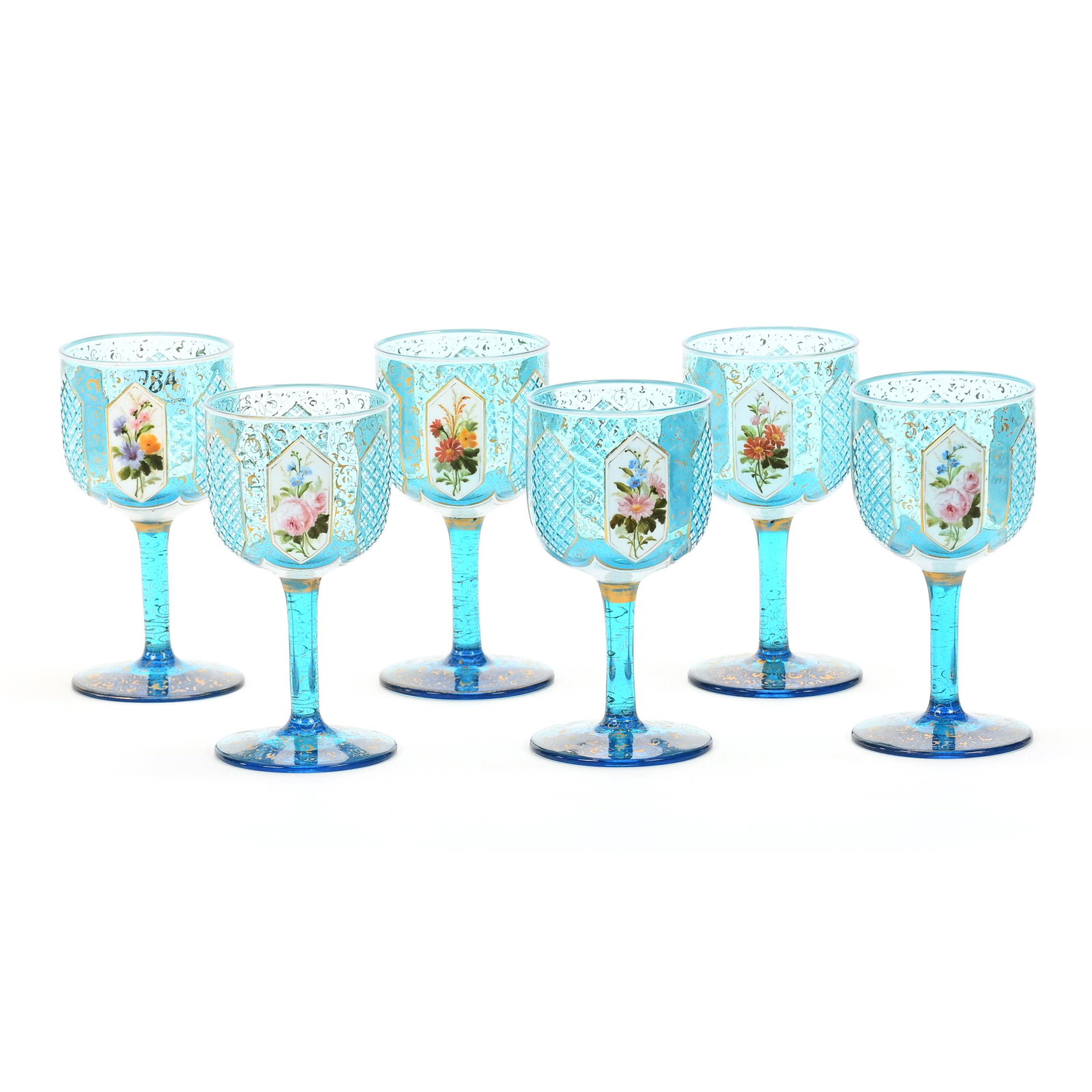 (6) Wine Stems, Blue Bohemian Art Glass: (6) Wine Stems, Blue Bohemian Art Glass, 4.75" x 2.5", White Cutback Overlay, Floral Decor, Gold Stencil Highlights, Nice Set, Don Henson Estate, Michigan. Part 2. This Auction Is The Continuation Of 