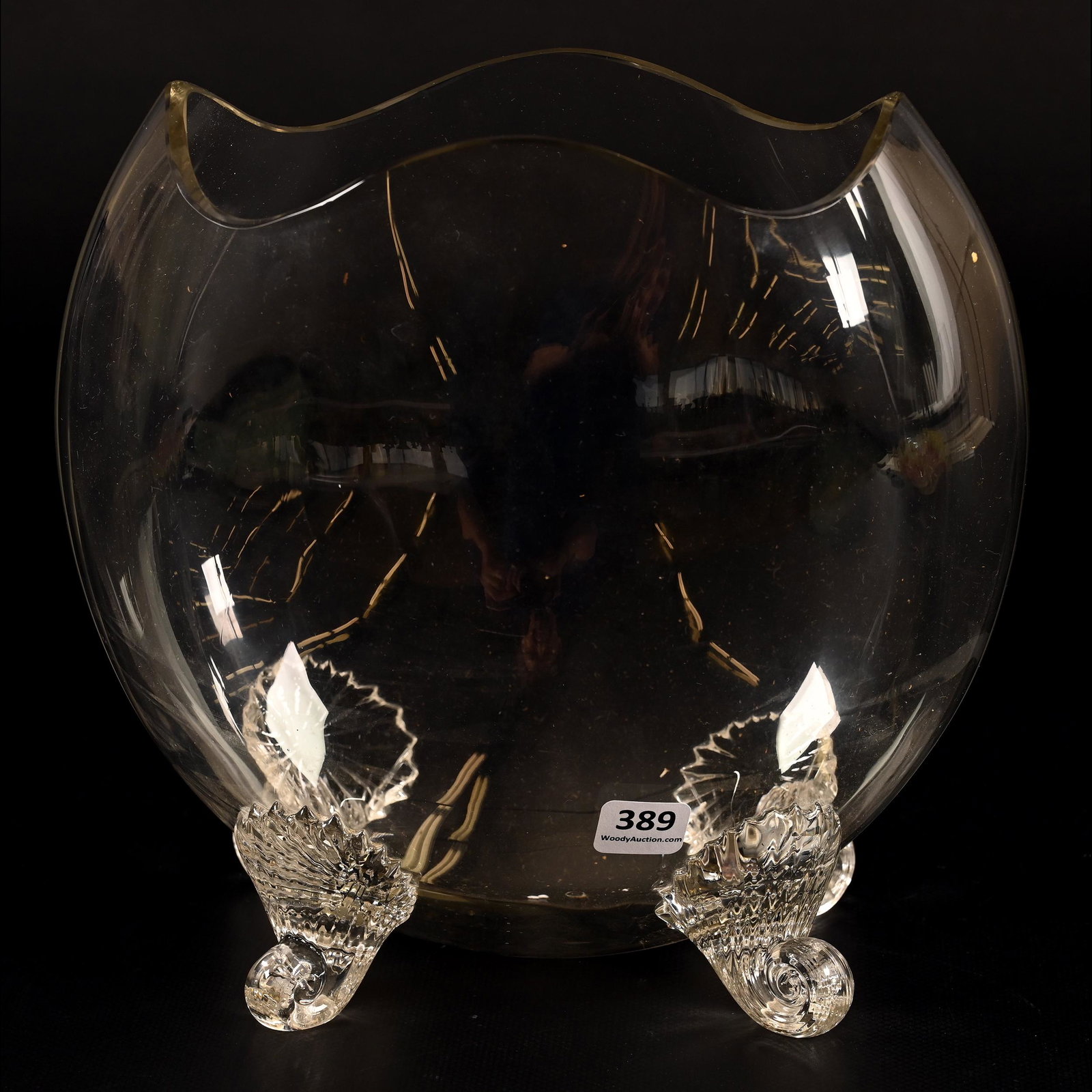 Footed Vase, Clear Bohemian Art Glass: Footed Vase, Clear Bohemian Art Glass, 9" x 9", Applied Ribbed Feet, Undulating Rim, Don Henson Estate, Michigan. Part 2. This Auction Is The Continuation Of The Dispersal Of A Collection Of Over 1,80