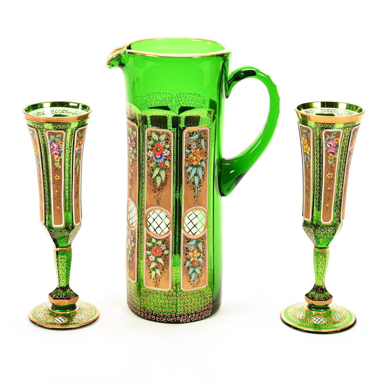 Champagne Set, Three Piece, Green Bohemian Glass (1 of 3)