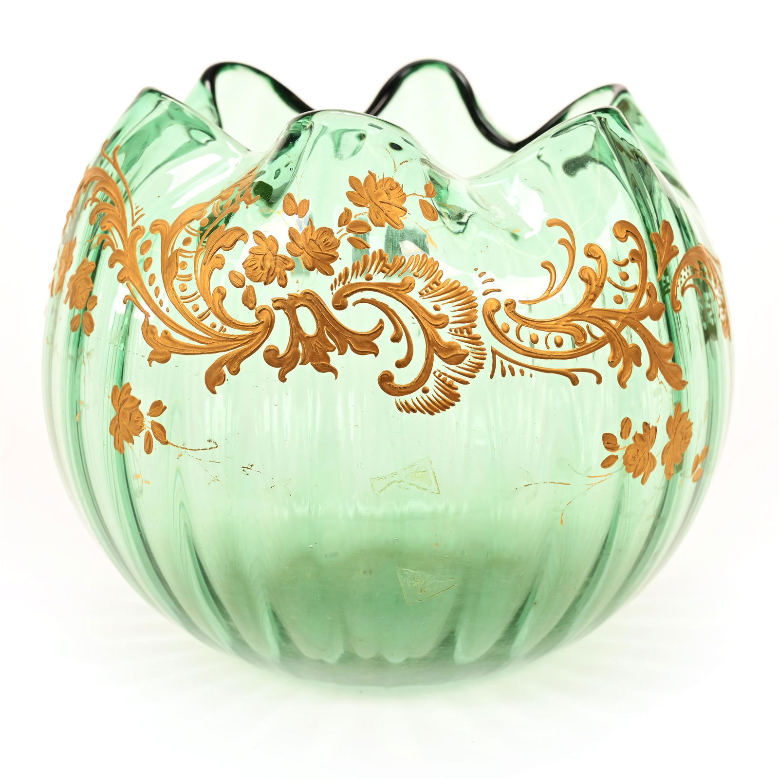 Rose Bowl, Green Optic Rib Bohemian Art Glass (1 of 3)