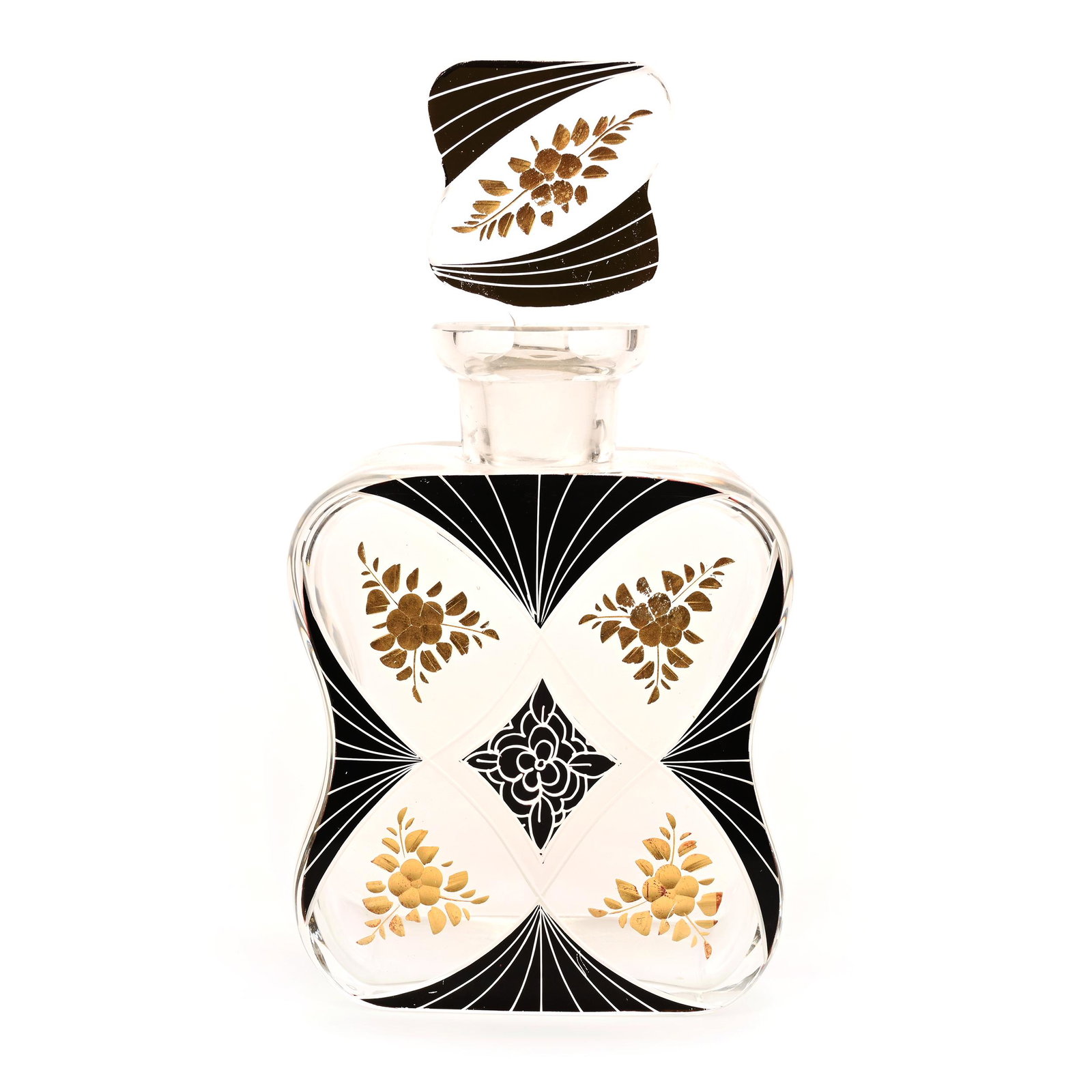 Decanter Set By Karl Palda, Circa 1930's: Decanter Set By Karl Palda, Circa 1930's, 9.5" x 5", Clear Art Glass, Black Sections With Engraved Floral Decor And Gold Stencil Highlights, Minor Rim Nick, Stopper Has Been Ground, Don Henson Estate,