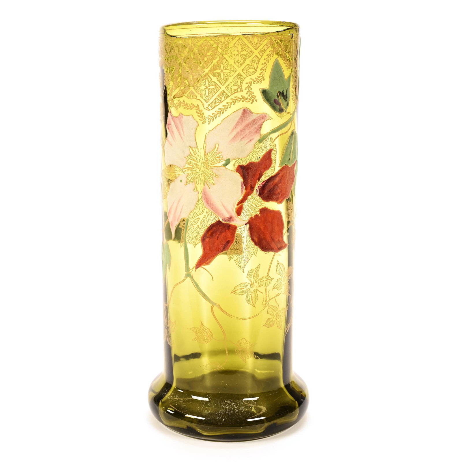 Vase, Olive Green Bohemian Art Glass: Vase, Olive Green Bohemian Art Glass, 10.5" x 4.25", Heavy Enamel Floral Decor, Gold Stencil Highlights, Don Henson Estate, Michigan. Part 2. This Auction Is The Continuation Of The Dispersal Of A Col