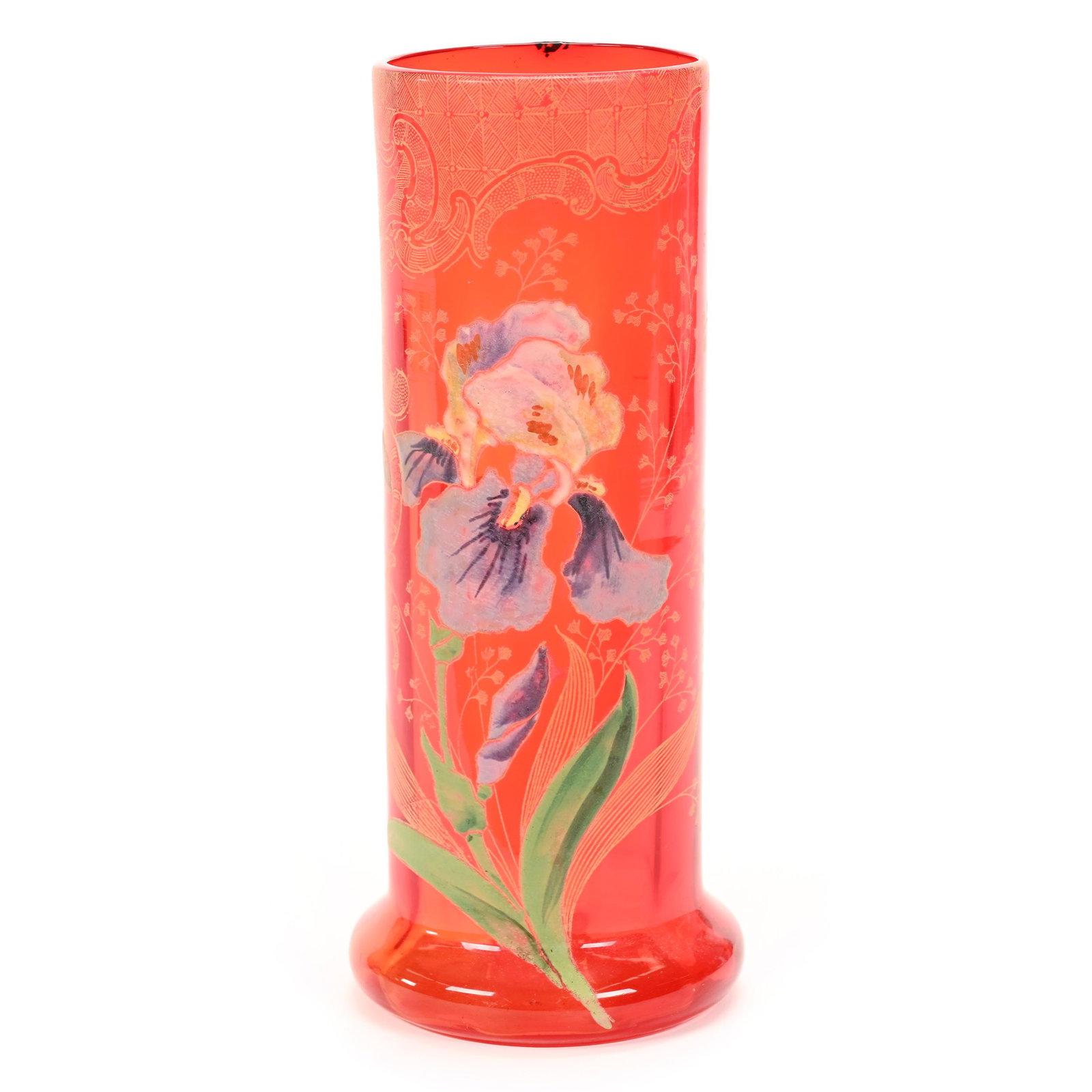 Vase, Pigeonblood Bohemian Art Glass: Vase, Pigeonblood Bohemian Art Glass, 10.5" x 4.5", Enamel Iris Decor, Gold Stencil Highlights, Black Inclusions Near Rim, Don Henson Estate, Michigan. Part 2. This Auction Is The Continuation Of The 